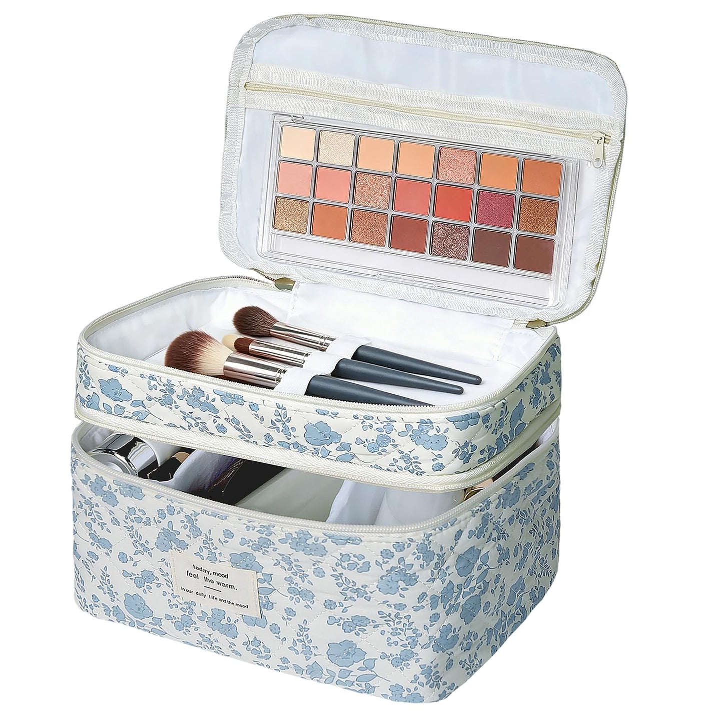 Gosect Quilted Floral Makeup Bag, Double Layer Large Capacity Cosmetic Bag with Compartments, Cute Coquette Aesthetic Toiletry Bag, Portable Travel Organizer with Dividers for Women Girls