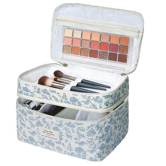 Gosect Quilted Floral Makeup Bag, Double Layer Large Capacity Cosmetic Bag with Compartments, Cute Coquette Aesthetic Toiletry Bag, Portable Travel Organizer with Dividers for Women Girls