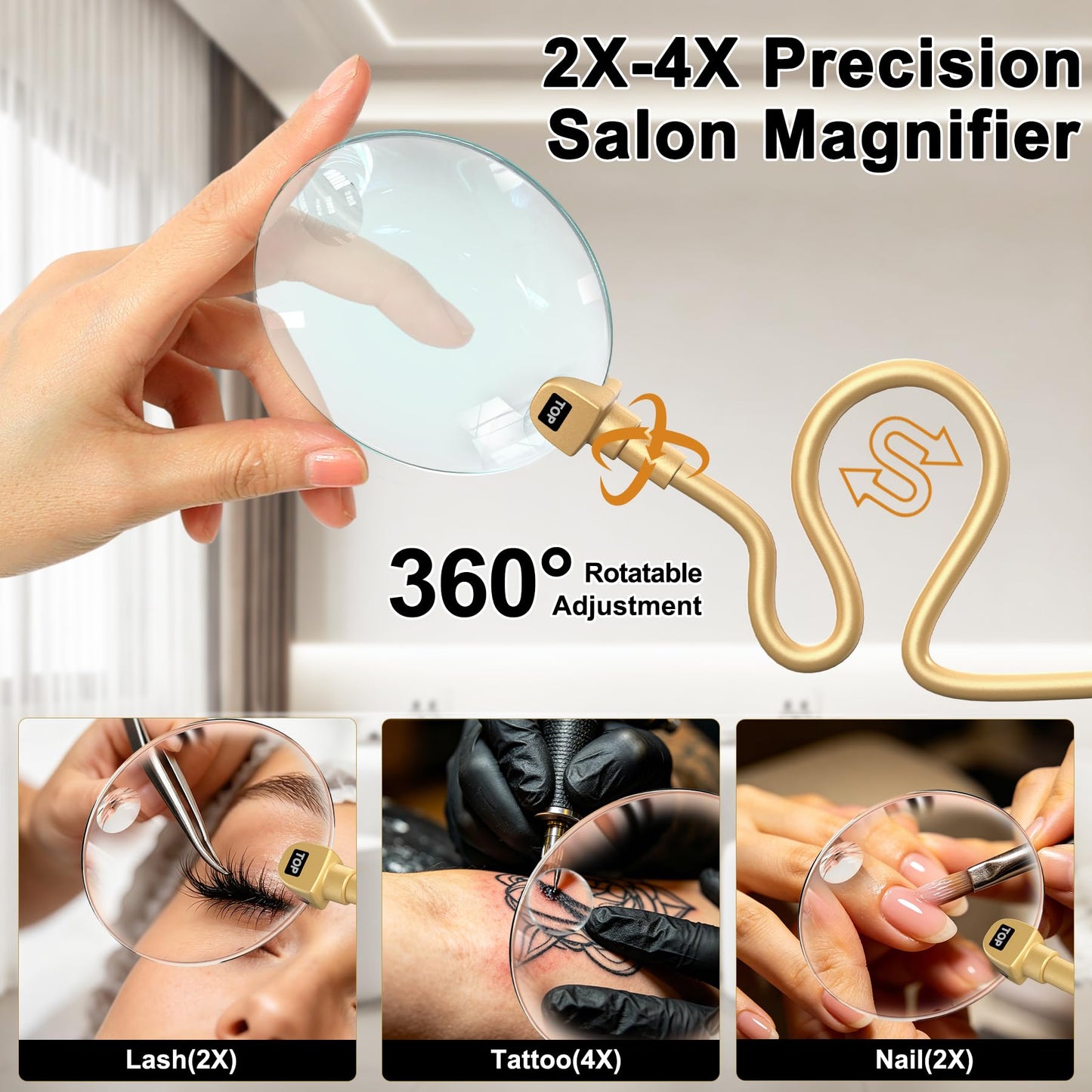 AURELLE Half Moon Lash Light - Adjustable LED Floor Lash Lamp with 4X Magnifier & Phone Holder for Eyelash Extensions,Nail Art,Tattoo,Skincare,Salon SPA-Dimmable Brightness,Rotating Head, Gold