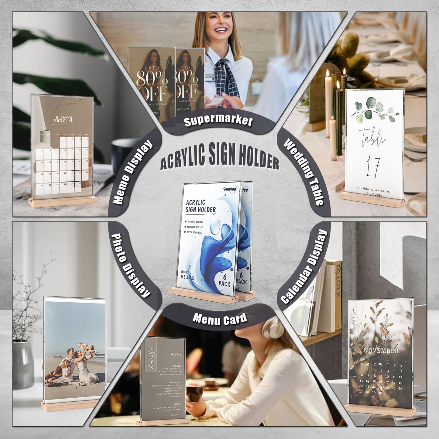 Acrylic Sign Holder 5.5x8.5 with Wood Base, Clear T shape Table Display Stands for Office, House, Store, Restaurants, and Event use, Double side Flyer Holder for Ads, Menu, Picture etc.(6 packs)