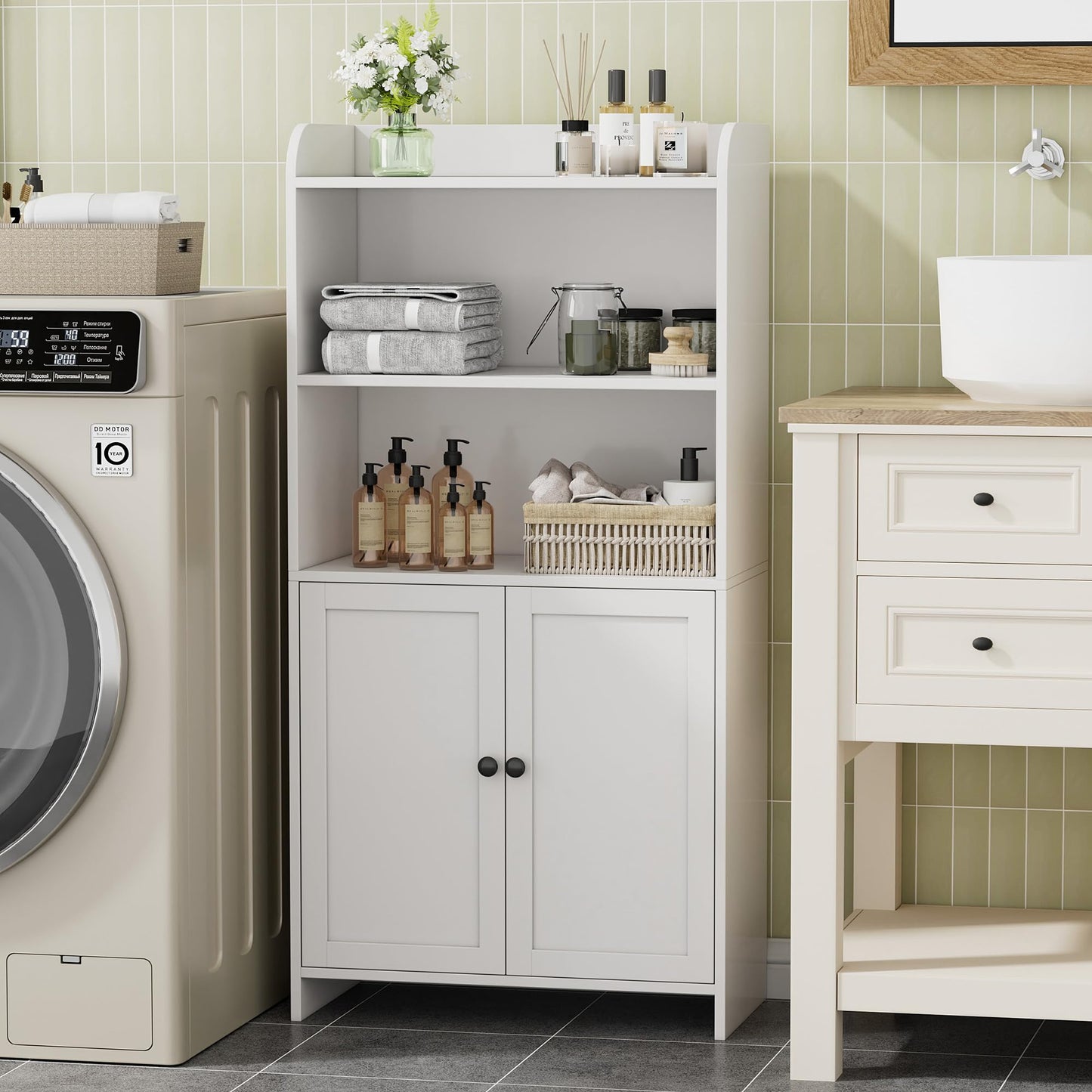 Homhedy Small Bathroom Storage Cabinet, Freestanding Toilet Paper Storage with 2 Doors and Shelves, Bathroom Organizers and Storage for Small Spaces, Laundry Room, 9.8" D x 19.7" W x 39.9" H, White