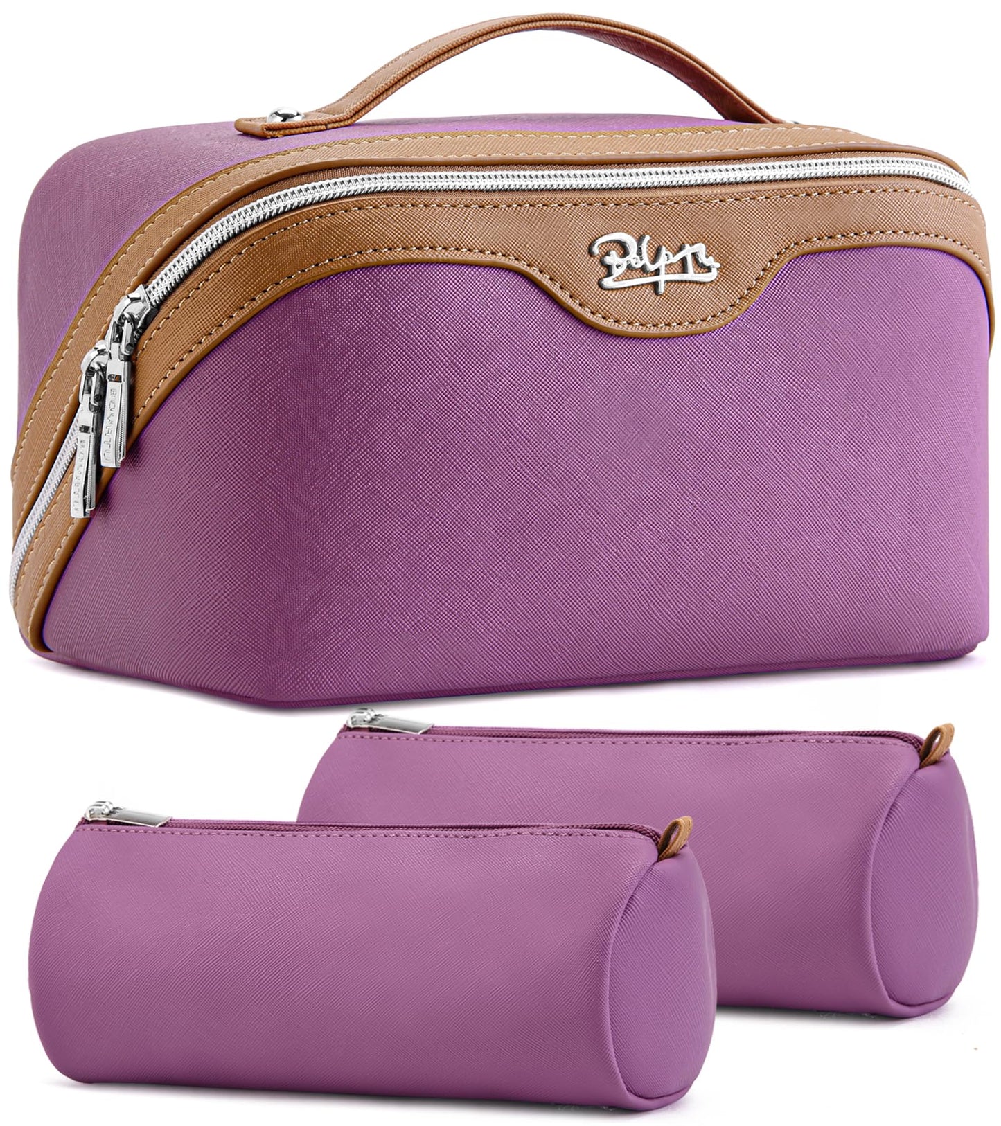 BOYATU Travel Makeup Bag Organizer Cosmetic Bag: 3 Pcs Set Make up Bags for Women with Handle - Waterproof Vegan Leather Toiletry Bags Travel Essentials Pouch with Compartments (A-05-Purple)