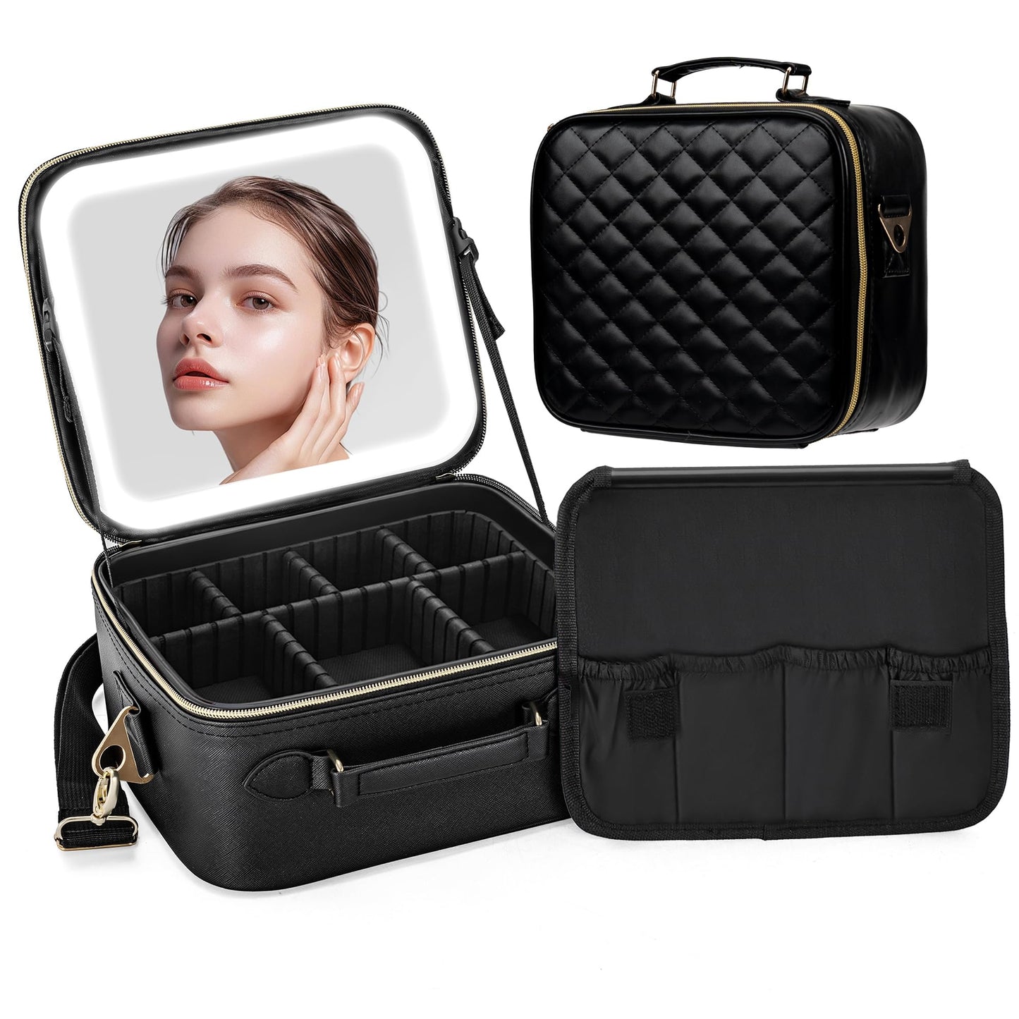 SJD Travel Makeup Bag with LED Mirror, Portable Cosmetic Case Organizer with Lighted Mirror, Waterproof Makeup Case for Cosmetic Brush Holder Storage, Black Toiletry Bag for Women Gift