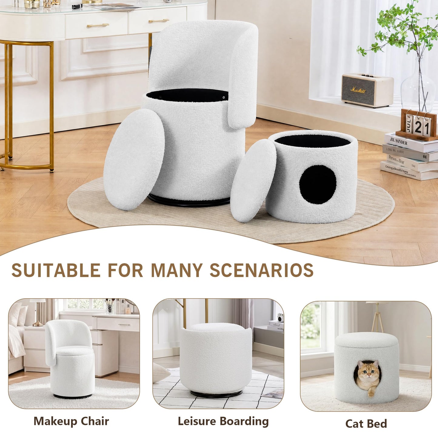 WOCFYK Swivel Vanity Chair with Storage and Matching Cat Bed Stool, 360 Degree Upholstered Barrel Chair, Teddy Fleece Makeup Chair with Back for Bedroom, Vanity Room, Dining Room, White Teddy Fleece
