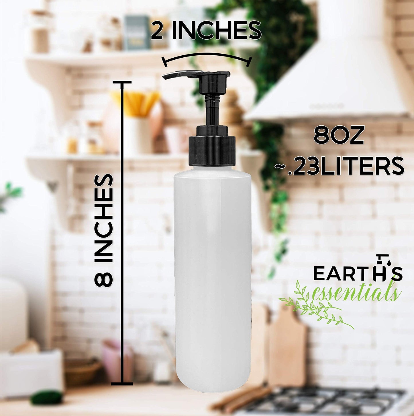 Earth's Essentials Four Pack of Refillable 8 Oz. HDPE Plastic Pump Bottles with Patented Screw On Funnel-Great for Dispensing Lotions, Shampoos and Massage Oils.