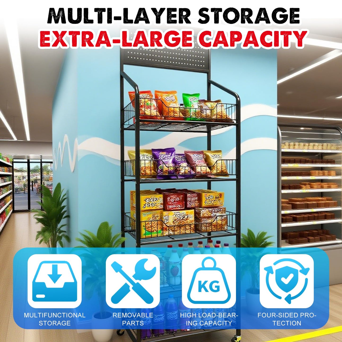 5 Tier Retail Candy Display Rack Metal Storage Shelf with Wheels & 15 Hooks Concession Candy Snack Display Racks Sturdy and Stable Chip Shelf Rack for Stores, Kitchen, Office (5 Tier Black 50cm)