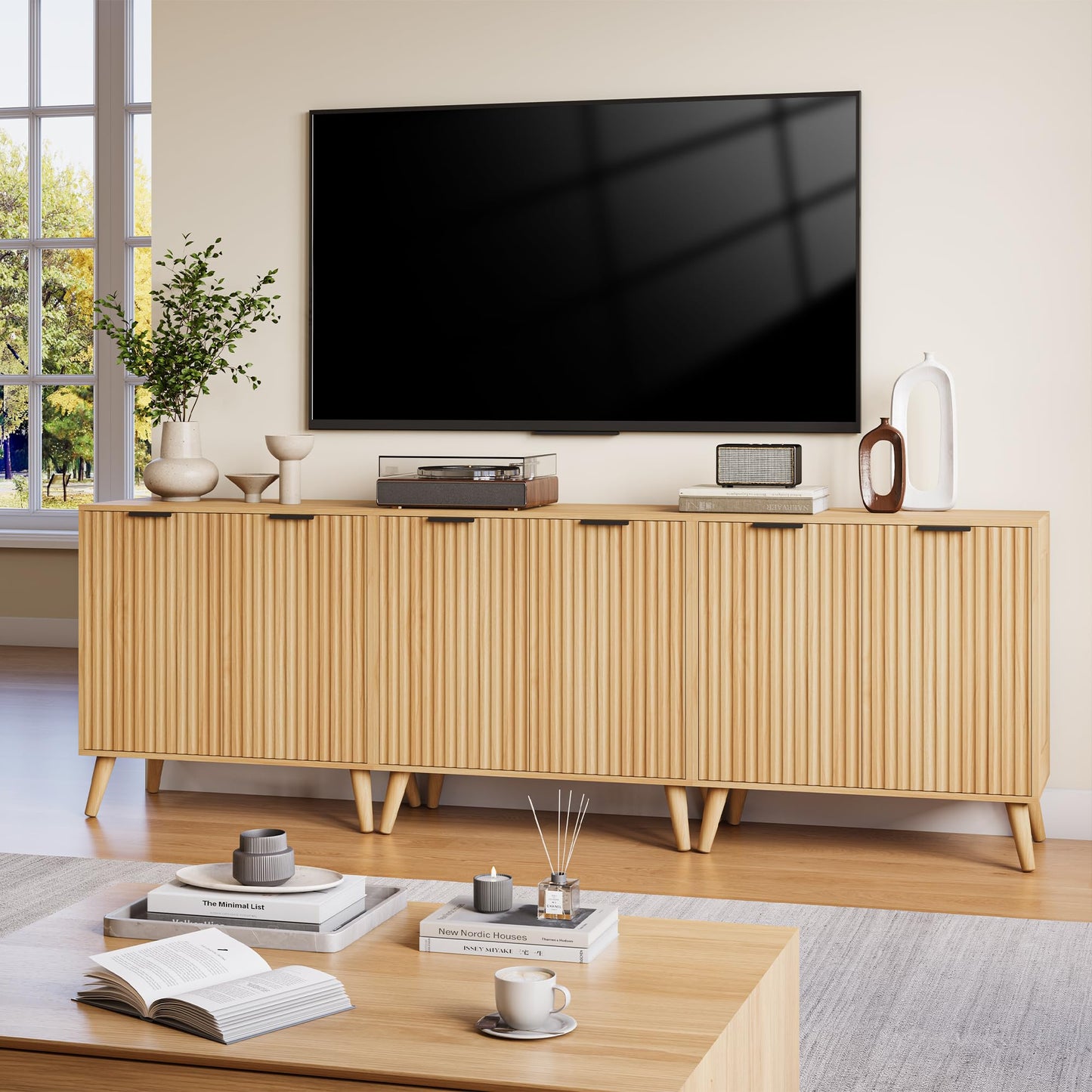 EPLICEMR Fluted Sideboard Buffet Cabinet with Storage, 2 Doors Modern Sideboard Cabinet for Living Room, Wood Coffee Bar Cabinets with Adjustable Shelves Accent Credenza for Kitchen, Entryway, Natural