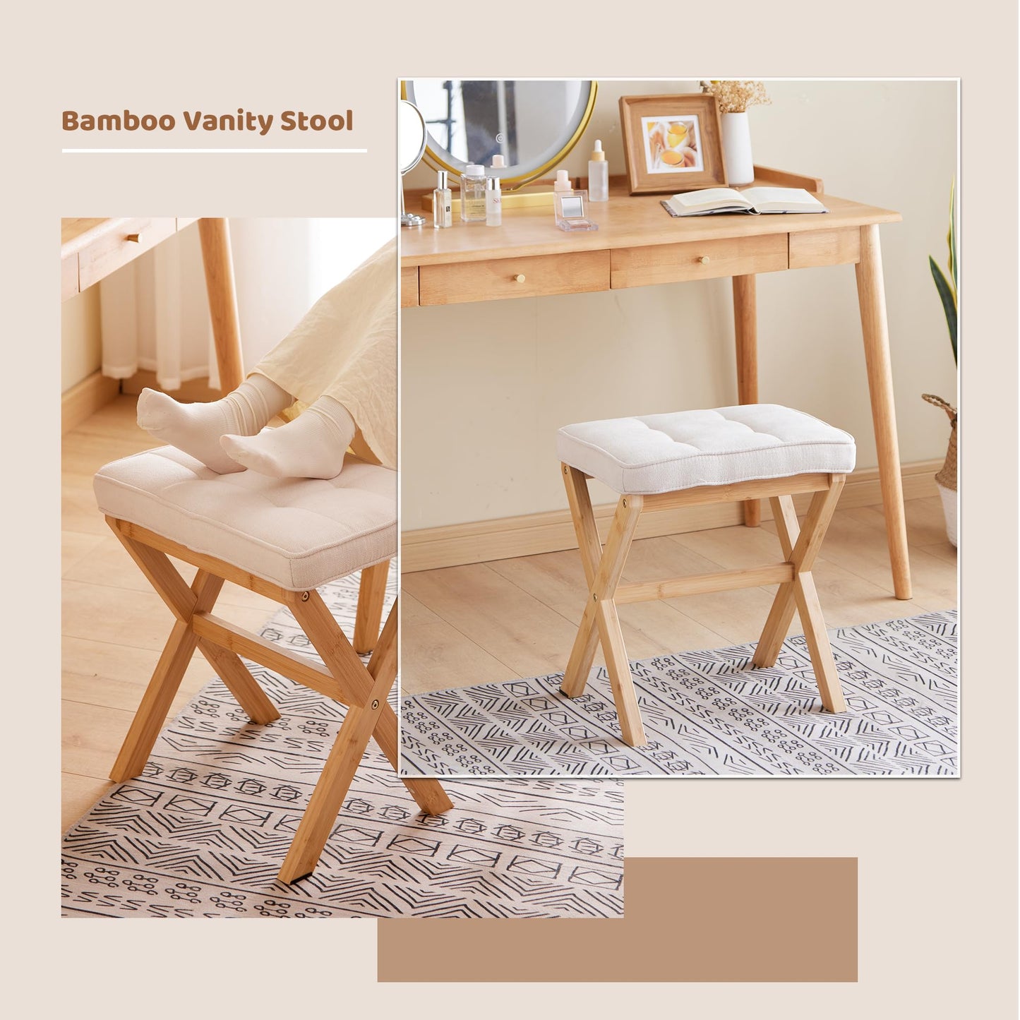 FILWH Foot Stool Small Ottoman Foot Rest Padded Foot Stool Desk for Under Office Desk Vanity Stool Bamboo Footstool Sofa Footrest Shoe Stool Small Foot Stools (Natural Legs + Beige)