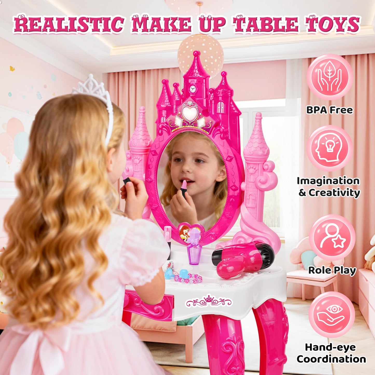 Easface Kids Vanity for Girls, Toddler Makeup Vanity Table and Chair Set Set Toys with Music Light, Pretend Play Princess Dress Up Playset Gift for Toddler Girls 3 4 5 6 Years Old