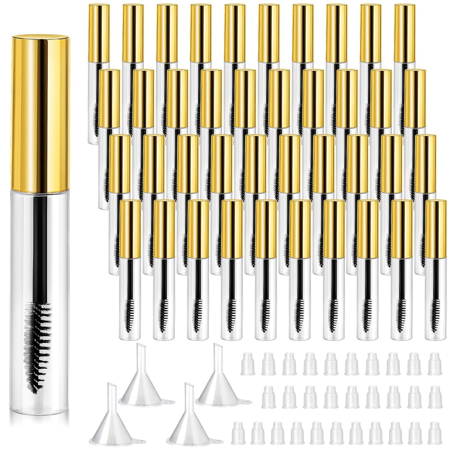 Maitys 40 Pieces 10 ml Empty Mascara Tubes Eyelash Wand Refillable Clear Bottles Eyelash Cream Container Bottle with 4 Pieces Transparent Funnels Transferring Castor Oil for DIY Cosmetics (Golden)