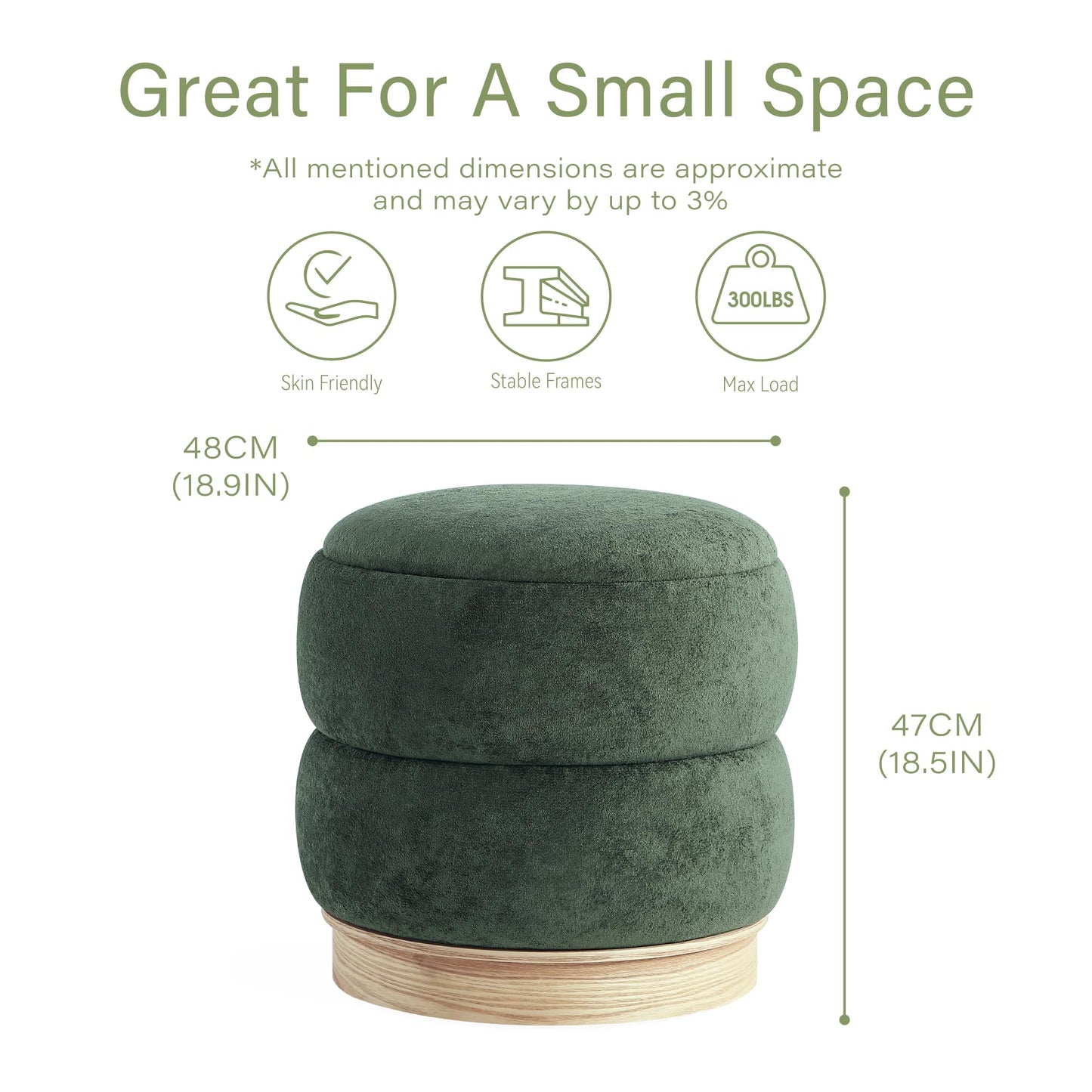 Get Set Style Round Ottoman with Wooden Base, Storage Vanity Stool for Makeup, Upholstered Footrest Stool Ottoman Foot Stool for Living Room, Bedroom
