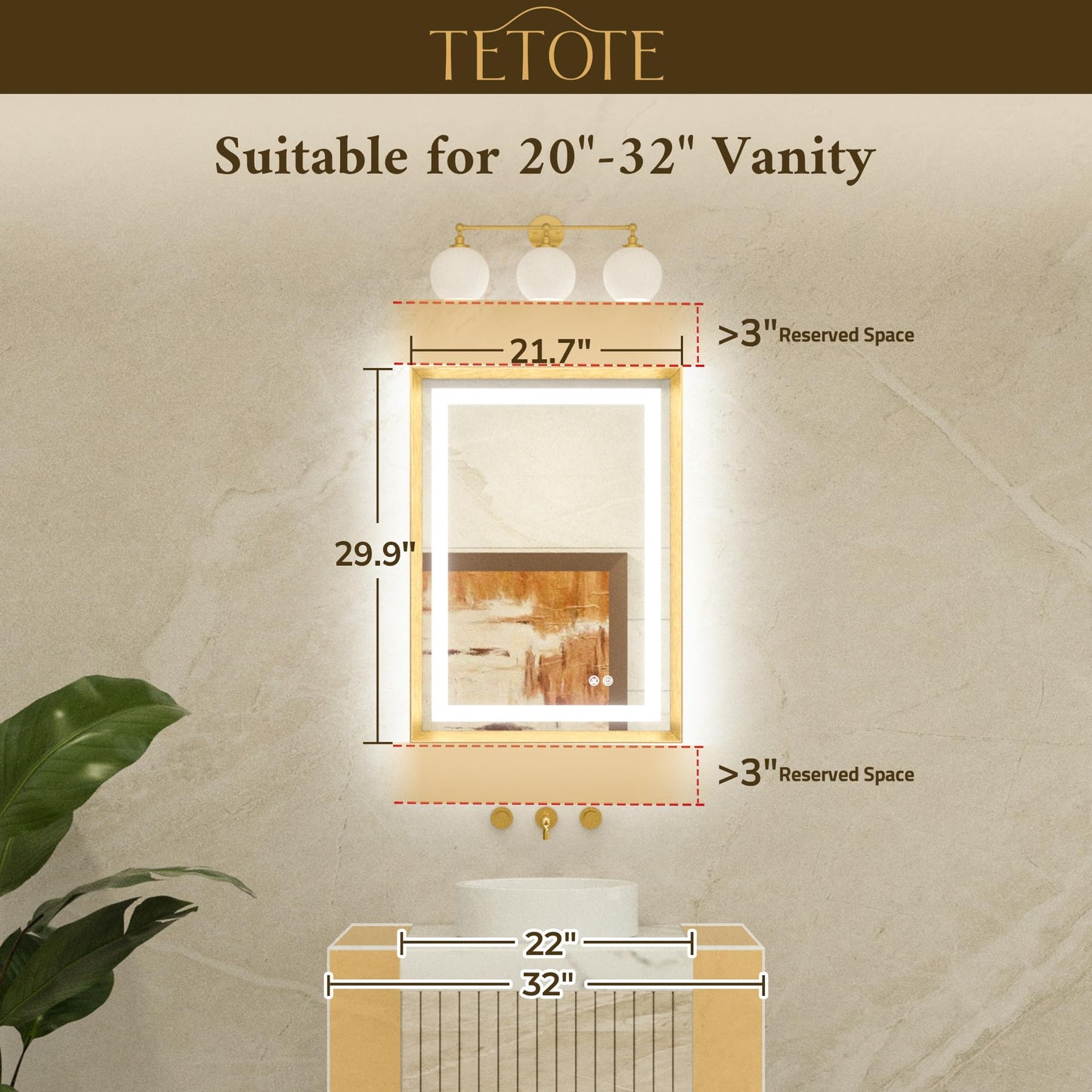 TETOTE 22 x 30 Bathroom LED Mirror Brushed Gold Metal Frame Frontlit & Backlit Vanity Mirror Anti-Fog Stepless Dimmable 3 Colors White/Warm/Natural Mirror with Lights Wall-Mounted