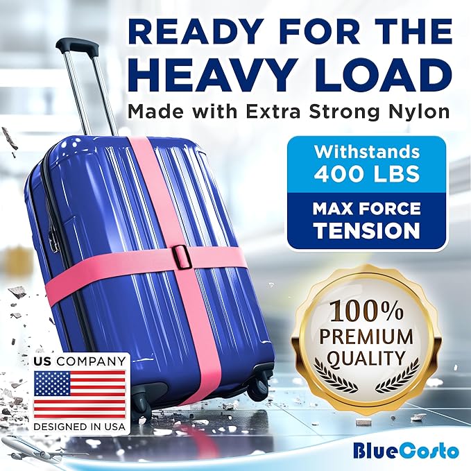 Luggage Straps for Suitcases - TSA Approved - Pink, 4 PK - Premium Nylon Belts for Suitcase, Briefcase & Travel Bag - Adjustable Strap Length 46" - 78"
