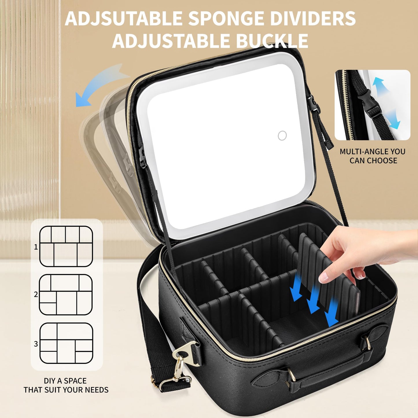 ZhenGuiRu Travel Makeup Bag with LED Mirror, Portable Cosmetic Case Organizer with Lighted Mirror, Waterproof Makeup Case for Cosmetic Brush Holder Storage, Black Toiletry Bag for Women Gift
