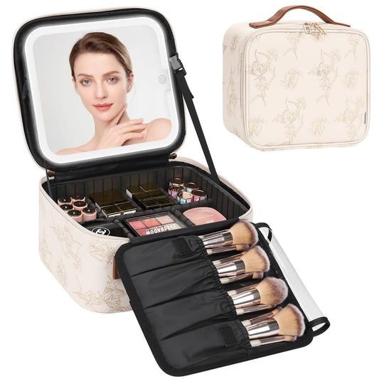 Relavel Travel Makeup Bag With LED Mirror, Portable Cosmetic Organizer Bag with Adjustable Brightness in 3 Color Scenarios, Small Train Case with Detachable Dividers for Trip- Lily Flower