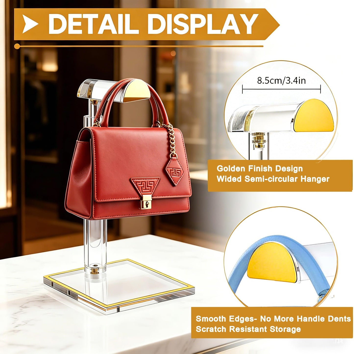 2 Pack Acrylic Handbag Display Stand, Gold Trim Clear Purse Holder 14"-24" Adjustable Height Thicken Anti-slip Base, Purse Rack Hanging Evening Bags Clutch Jewelry for Table Closet Retail Vendors