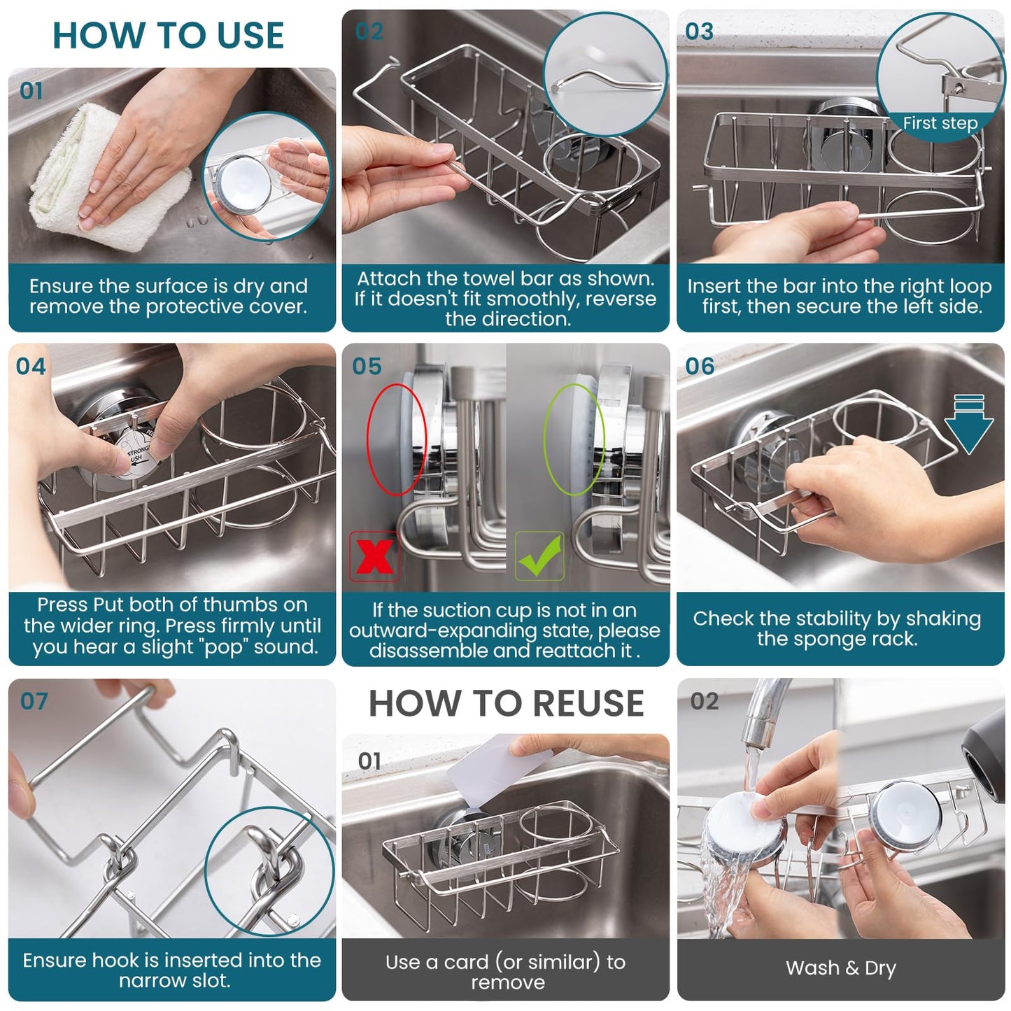 TAILI 4-in-1 Sink Caddy with Strong Suction Cup, Sponge Holder for Kitchen Sink Organizer, Removable, Rustproof, Stainless Steel Holder for Sponge, Brush, Scrubber, Scraper - Silver