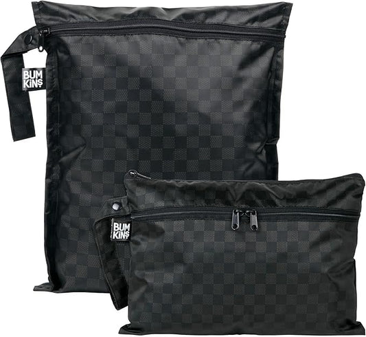 Bumkins - Waterproof Wet Bag & Wet/Dry Clutch Bags - For Beach, Baby, Travel, Swim Suit, Cloth Diapers, Pump Parts, Pool, Gym, Toiletries - Reusable & Easy to Clean - Black Check - 2 Pack