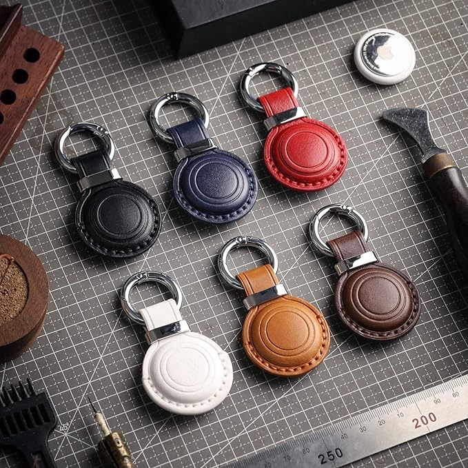 Genuine Leather AirTag Keychain Holder - Compatible with Apple AirTag Holder Keychain, Secure Hidden Air Tag Case Cover Key Chain Ring Fob Accessories (Dark Brown)