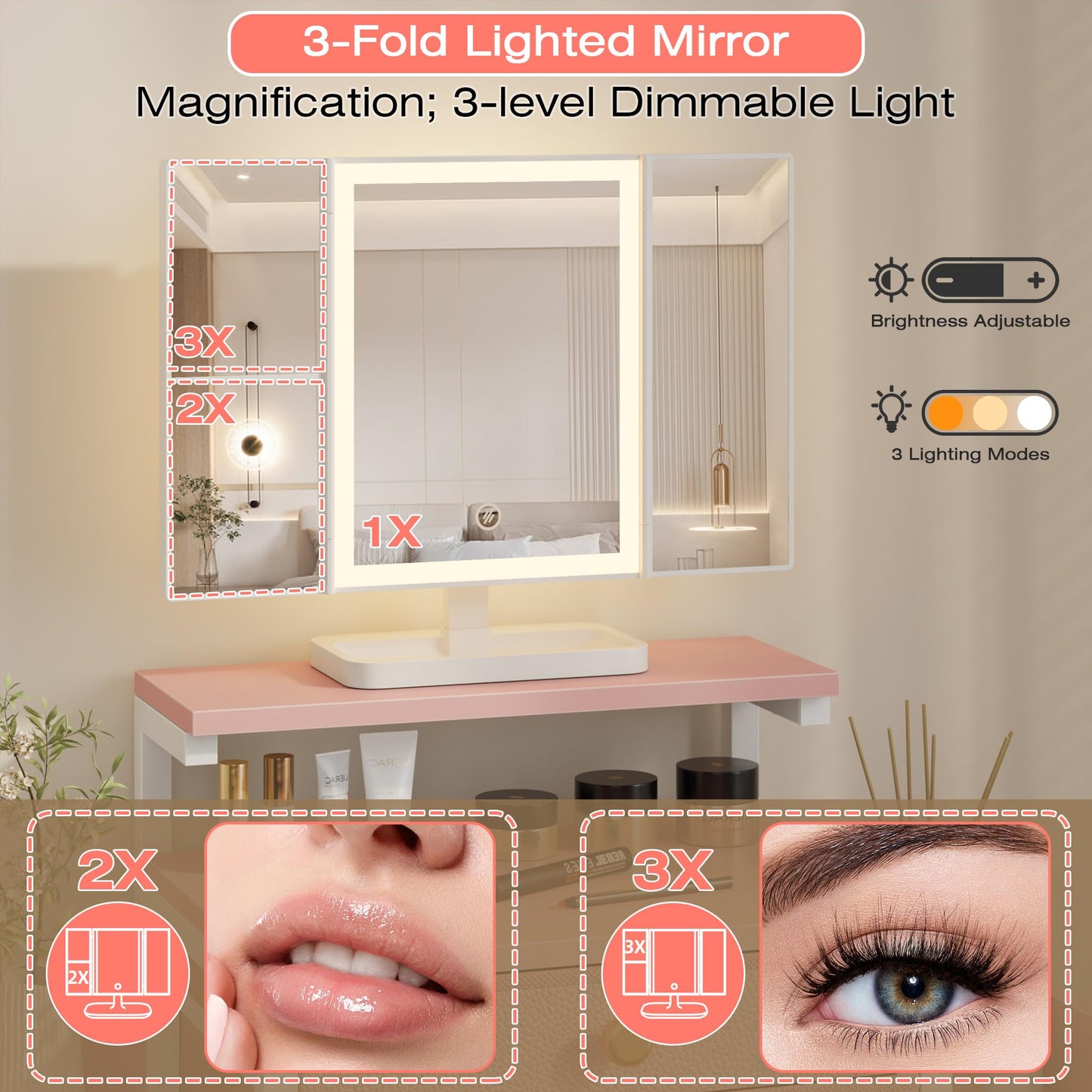 HIGDBFE Vanity Desk with Mirror and Lights 28.4''W Small Makeup Vanity