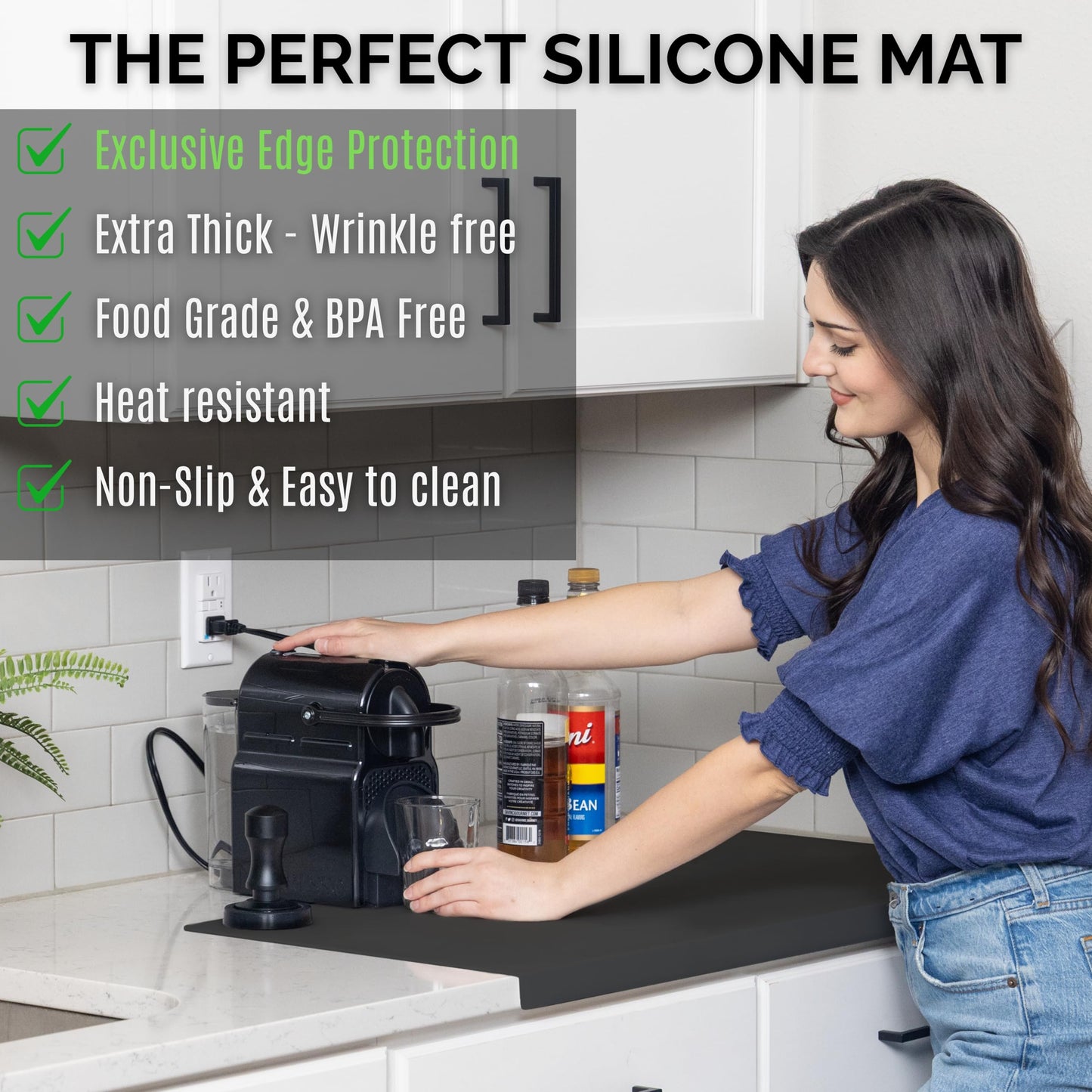 Silicone Mat for Kitchen Counter with "Edge Protection" – Quartz Countertop Protector Mats – Silicone Heat Resistant Mat – No Folds or Wrinkles – 1.4mm Thick, 24"x16", Black