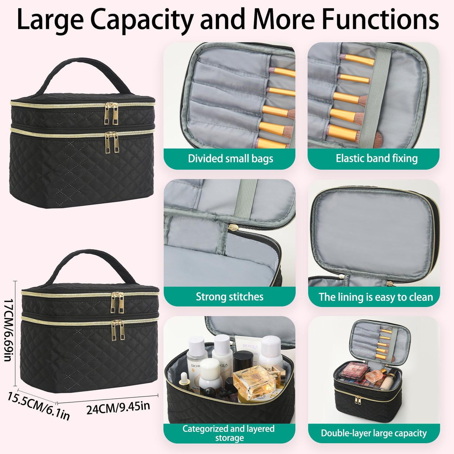 Apxouans Travel Makeup Bag for Women Double Layer Large Cosmetic Case Water-resistant Toiletry Bag Organizer for Store Toiletries Cosmetic Accessories and Manicure Sets Black