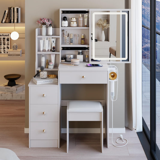 Ball & Cast 29.2" Small Size Vanity Mirror Desk with Lights and Cushioned Stool,Vanity Desk w/ 2 AC+2 USB Power Station,Hair Dryer Bracket,Large Touch Control Sliding LED Mirror,for Bedrooms,White