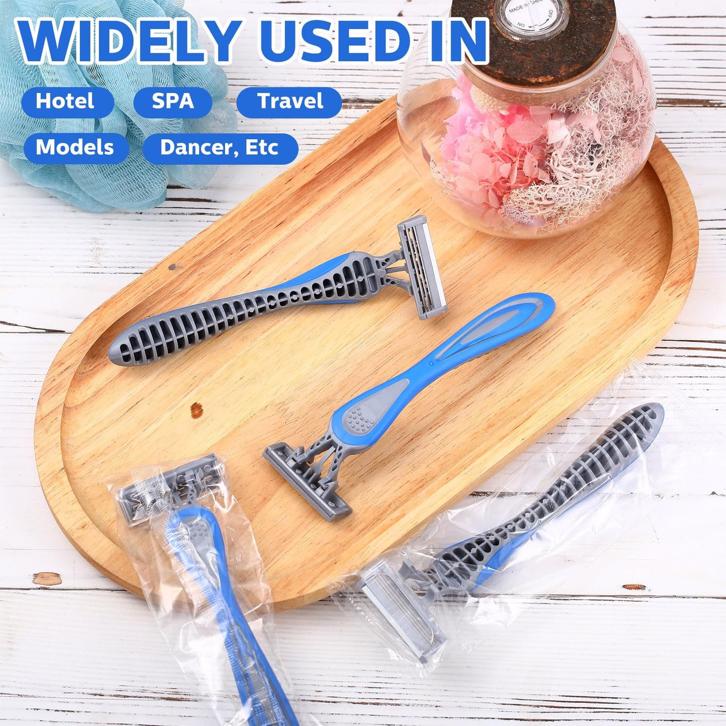Leriton 60 Pcs Mens Disposable Razors Bulk 3 Blade Sensitive Skin Shaving Razor Long Blade for Hotel Spa Travel