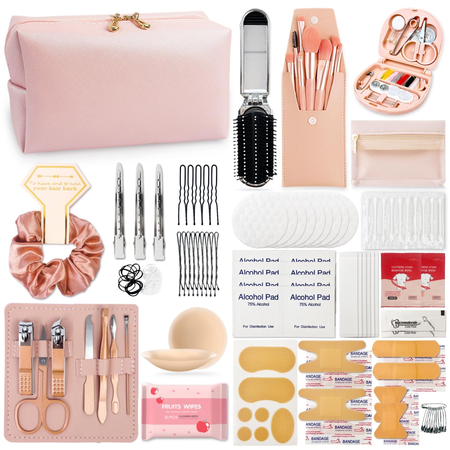 Women's Wedding Emergency Travel Kit 45 Essential Items for Brides Bridesmaid All-In-One Daily Beauty Style Set With Makeup Brushes (Sakura Pink)