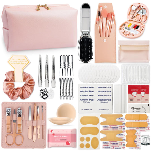 Women's Wedding Emergency Travel Kit 45 Essential Items for Brides Bridesmaid All-In-One Daily Beauty Style Set With Makeup Brushes (Sakura Pink)