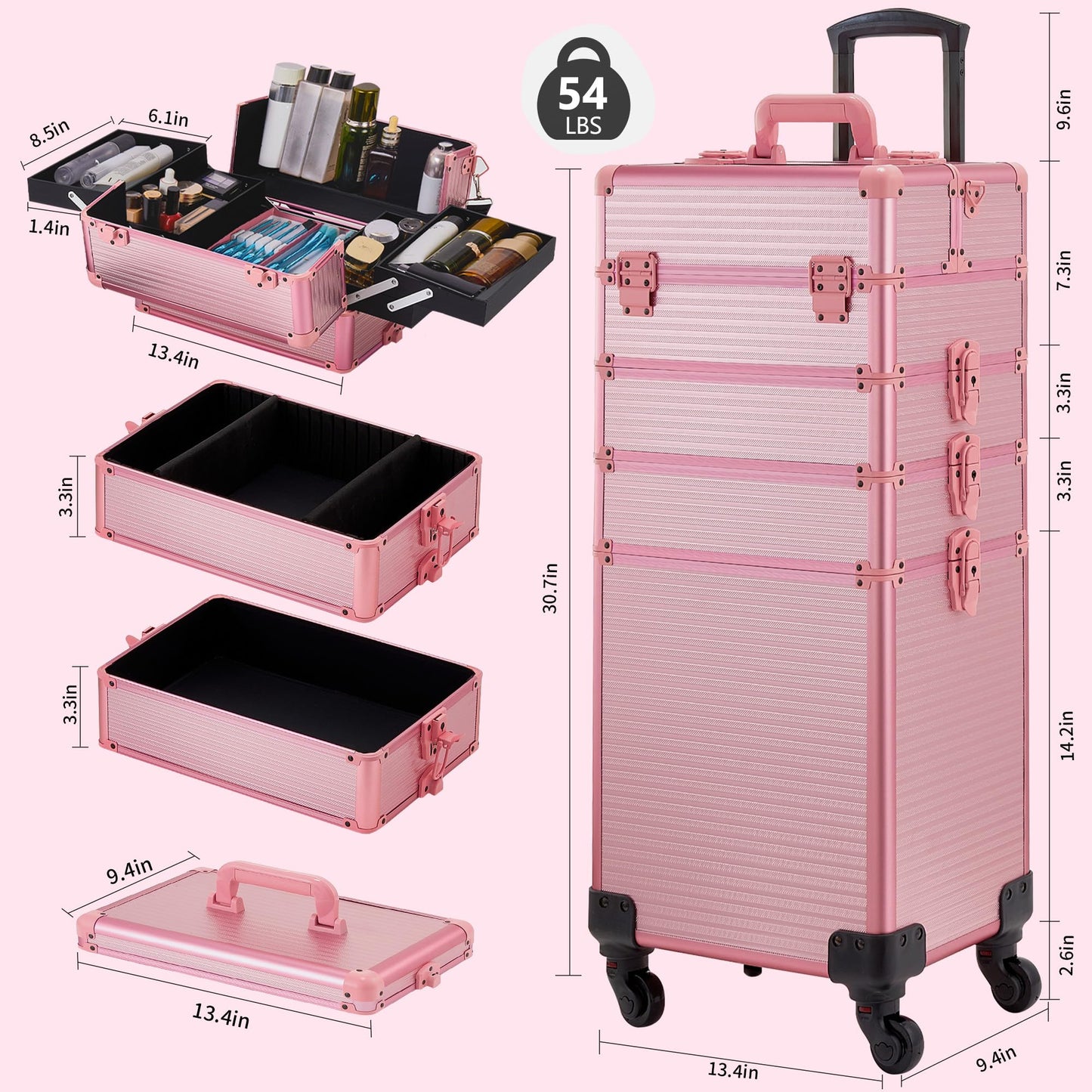 GALHUBIS Rolling Makeup Case, Makeup Train Case with Lid, 5 in 1 Cosmetology Case on Wheels, Christmas Gift, Large Makeup Case Organizers, Profesional Cosmetic Case for Salon Barber, Pink