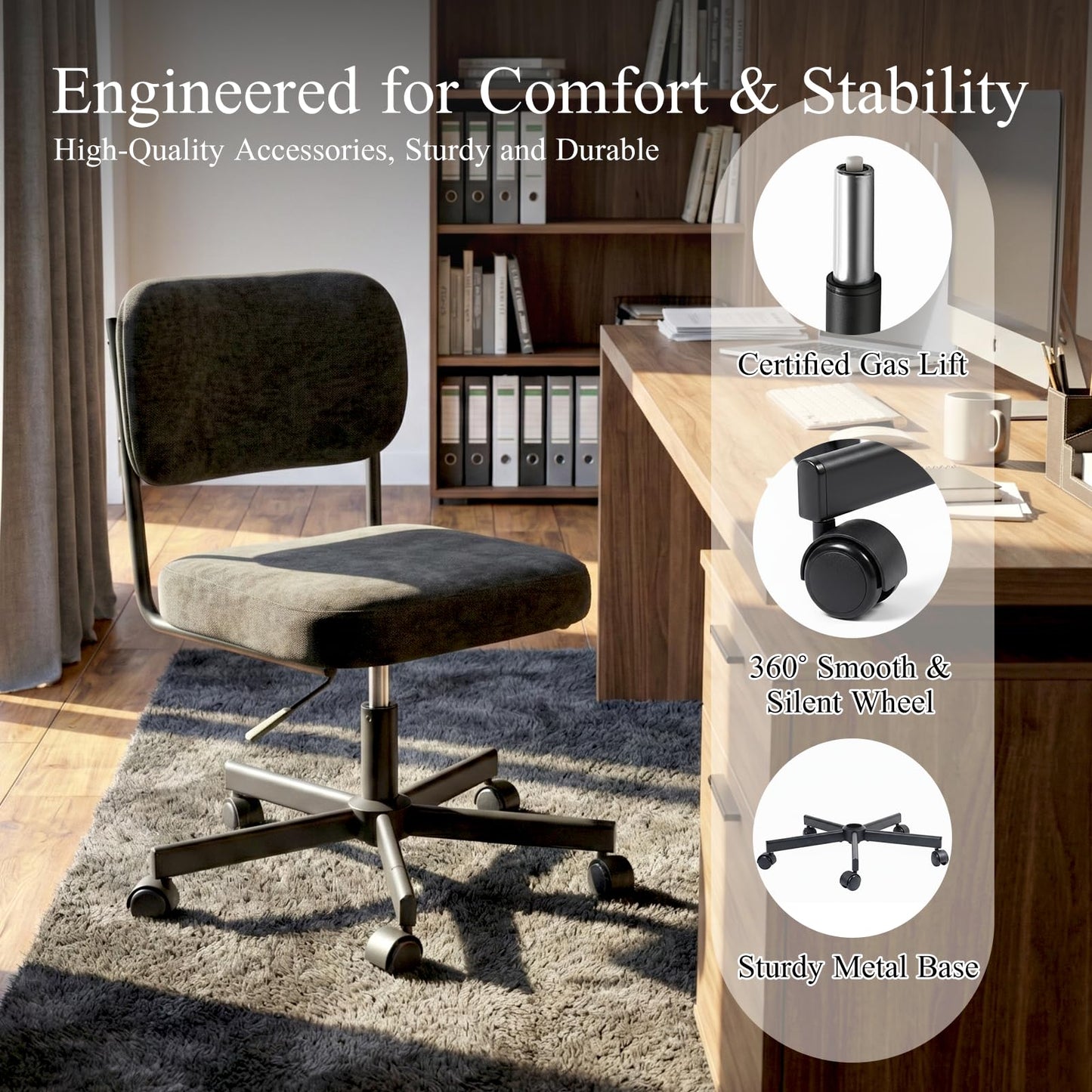 VATROS Vanity Chair with Wheels, Cute Armless Desk Chair with Back, Height Adjustable Swivel Small Office Chair, Comfy Fabric Computer Task Chair for Bedroom, Study, Dressing Room Black