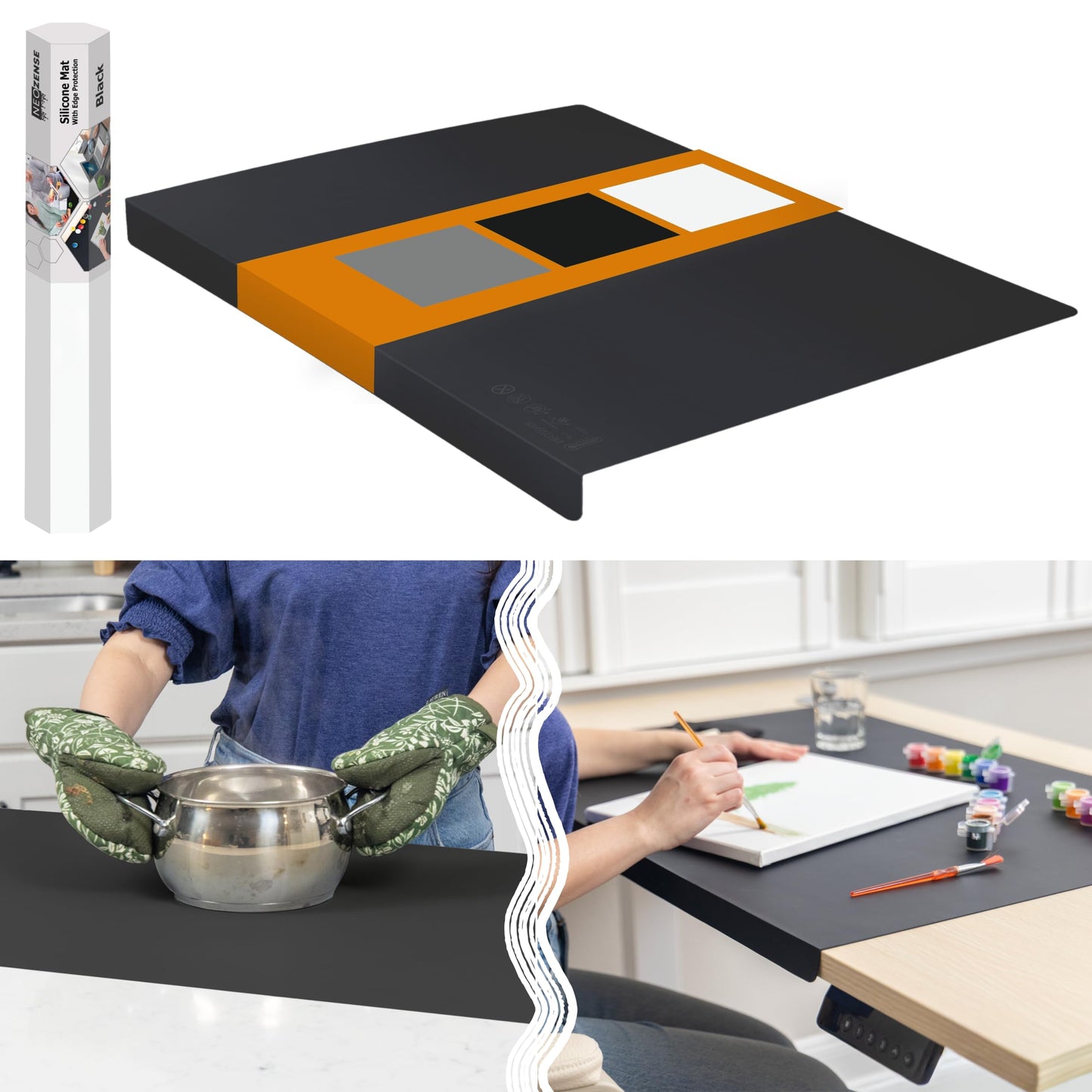 Silicone Mat for Kitchen Counter with "Edge Protection" – Quartz Countertop Protector Mats – Silicone Heat Resistant Mat – No Folds or Wrinkles – 1.4mm Thick, 24"x16", Black