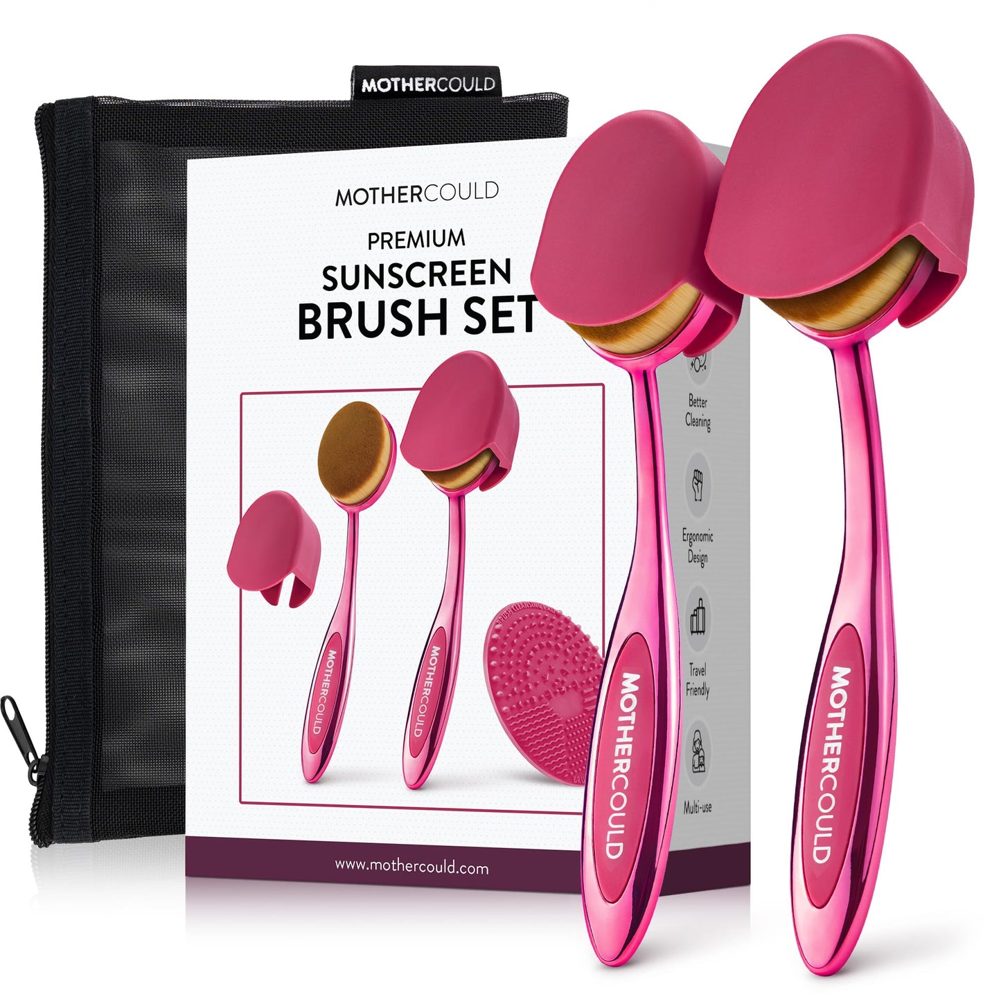 Mothercould Premium Sunscreen Brush Set Kids & Baby Sunblock Applicator with Metal Handles, Travel Bag, 2 Brushes, 2 Caps, & Cleaning Mat Mess-Free Sun Care (2 Pack) (Pink)