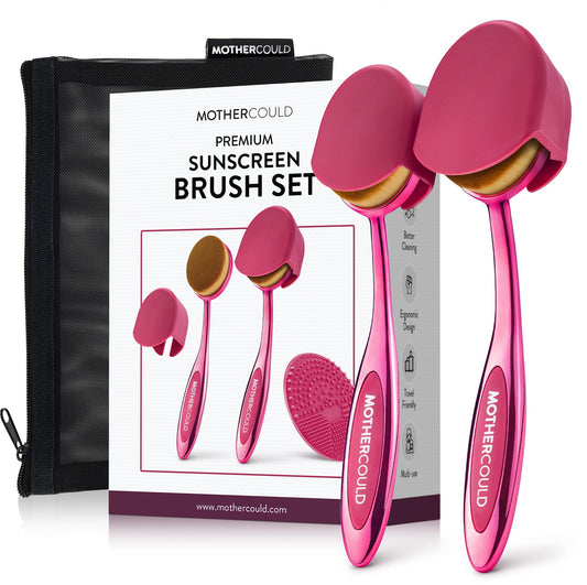 Mothercould Premium Sunscreen Brush Set Kids & Baby Sunblock Applicator with Metal Handles, Travel Bag, 2 Brushes, 2 Caps, & Cleaning Mat Mess-Free Sun Care (2 Pack) (Pink)