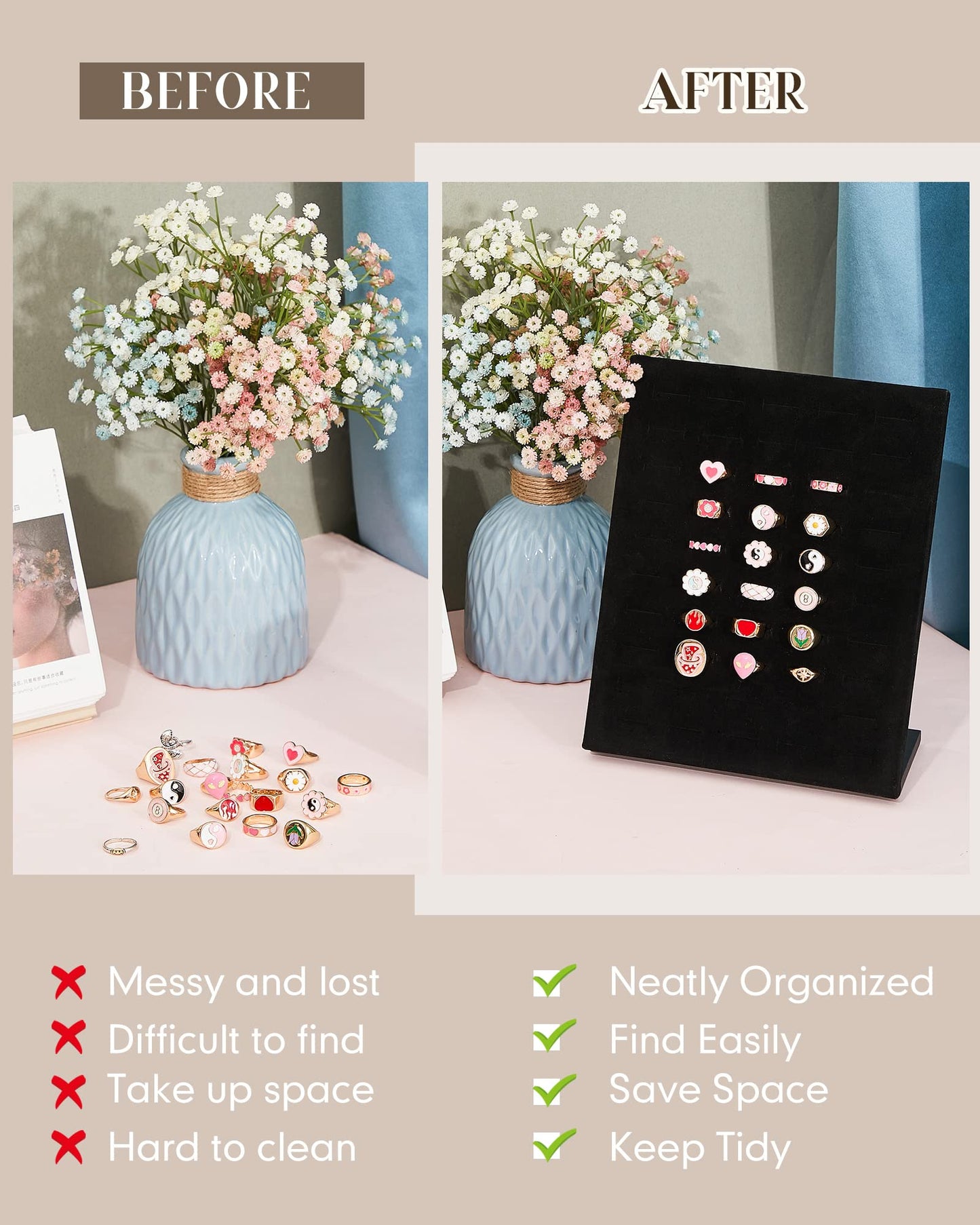 Henoyso 4 Pcs Velvet Ring Display 50 Slots L-Shaped Ring Display Stand Tray Holder for Selling Earring Jewelry(Black)