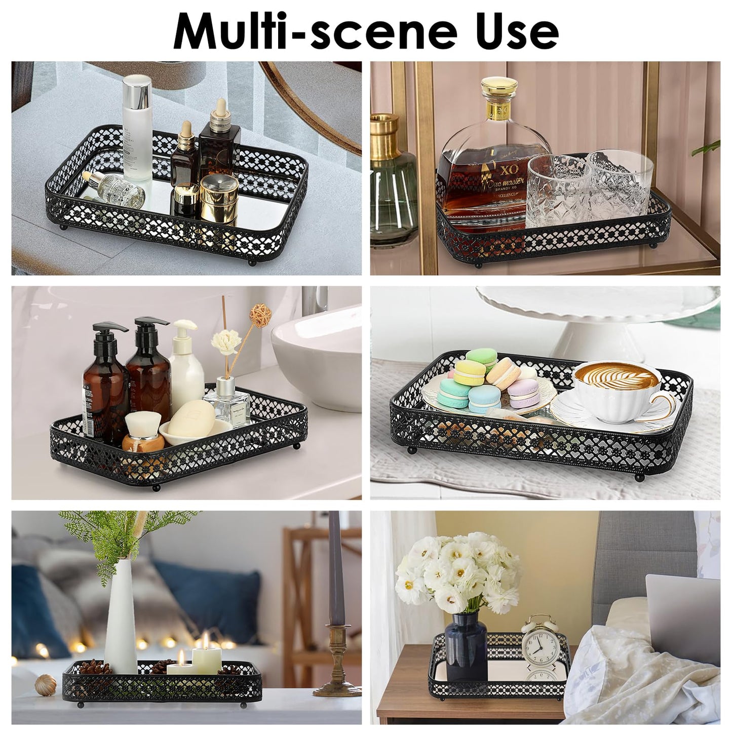 ELLDOO Black Perfume & Makeup Vanity Tray - Hollow-Carved Jewelry Storage, Glass & Metal Trinket Organizer for Dresser & Bathroom Countertop, Medium Size