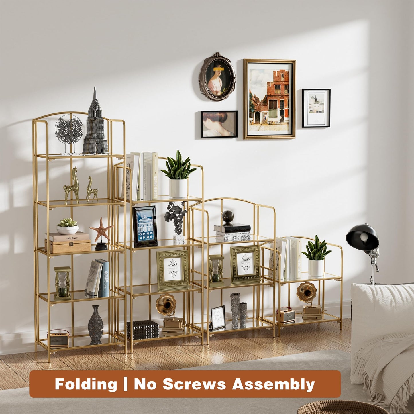 Crofy 2-Tier Foldable Bookshelf, Gold Frame & Transparent Shelves