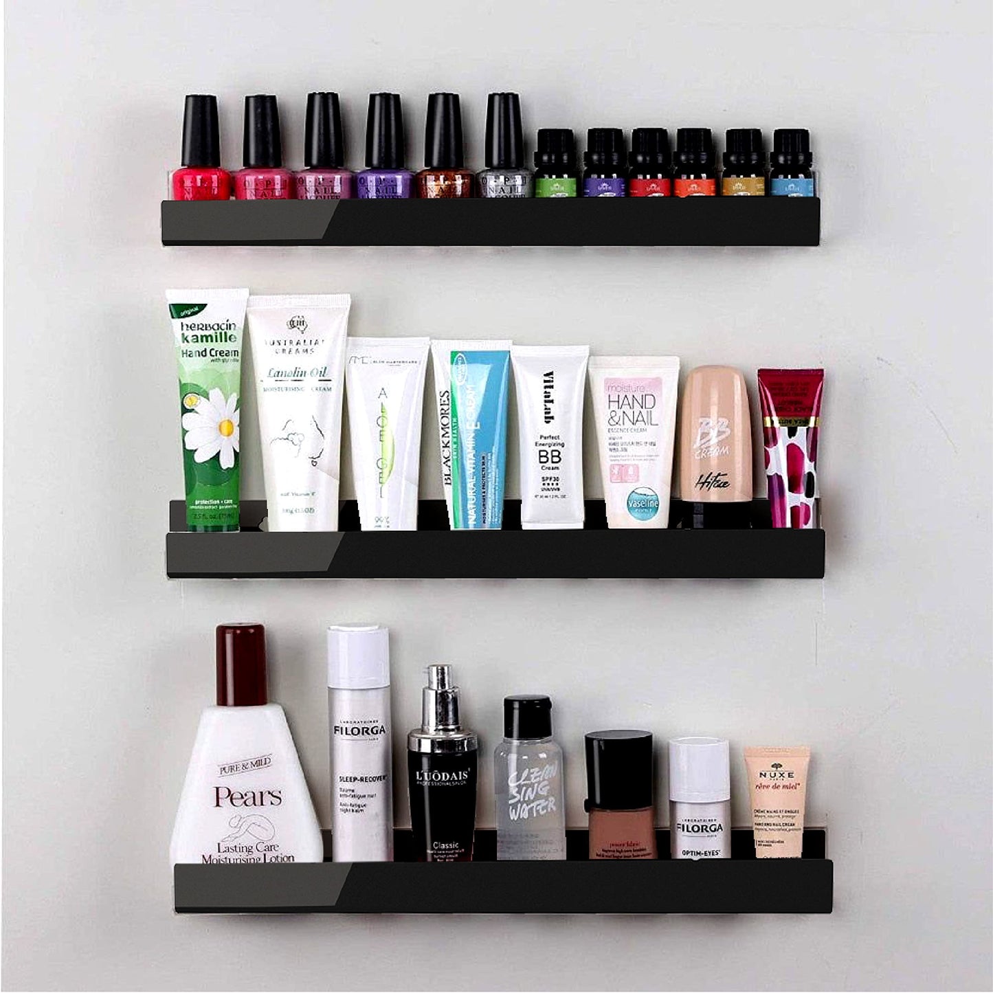 RORKIM 8 Pack 15 Inch Black Acrylic Shelves, Black Kids Floating Bookshelf for Kids Room, Modern Nail Polish Rack Sunglasses Essential Oil Picture Ledge Display Toy Storage Wall Shelf