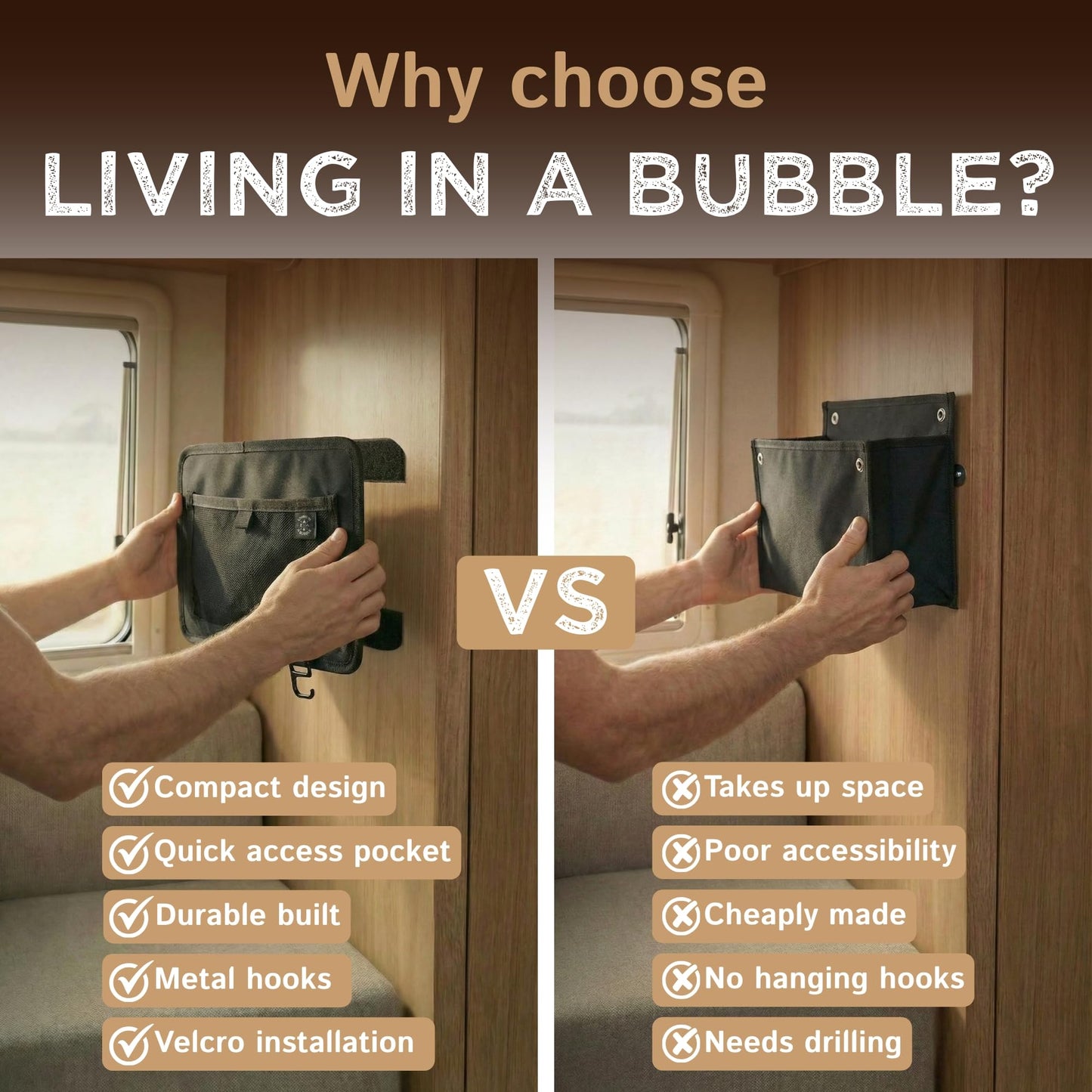 Living in a Bubble Wall Storage Organizer for Travel Trailer, Campervan, RV, and Motorhome - Durable Interior Wall-Mount Adhesive Storage Solution & Space Saver - Outback (Black)