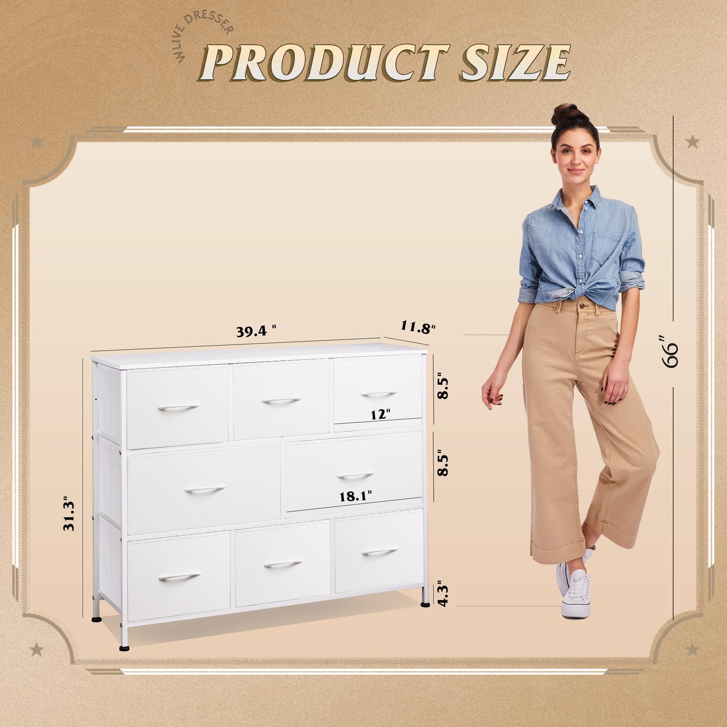 WLIVE 8 Drawer Dresser for Bedroom, Fabric White Dresser with Large Storage Drawer Unit for Entryway, Chest of Drawers for Living Room