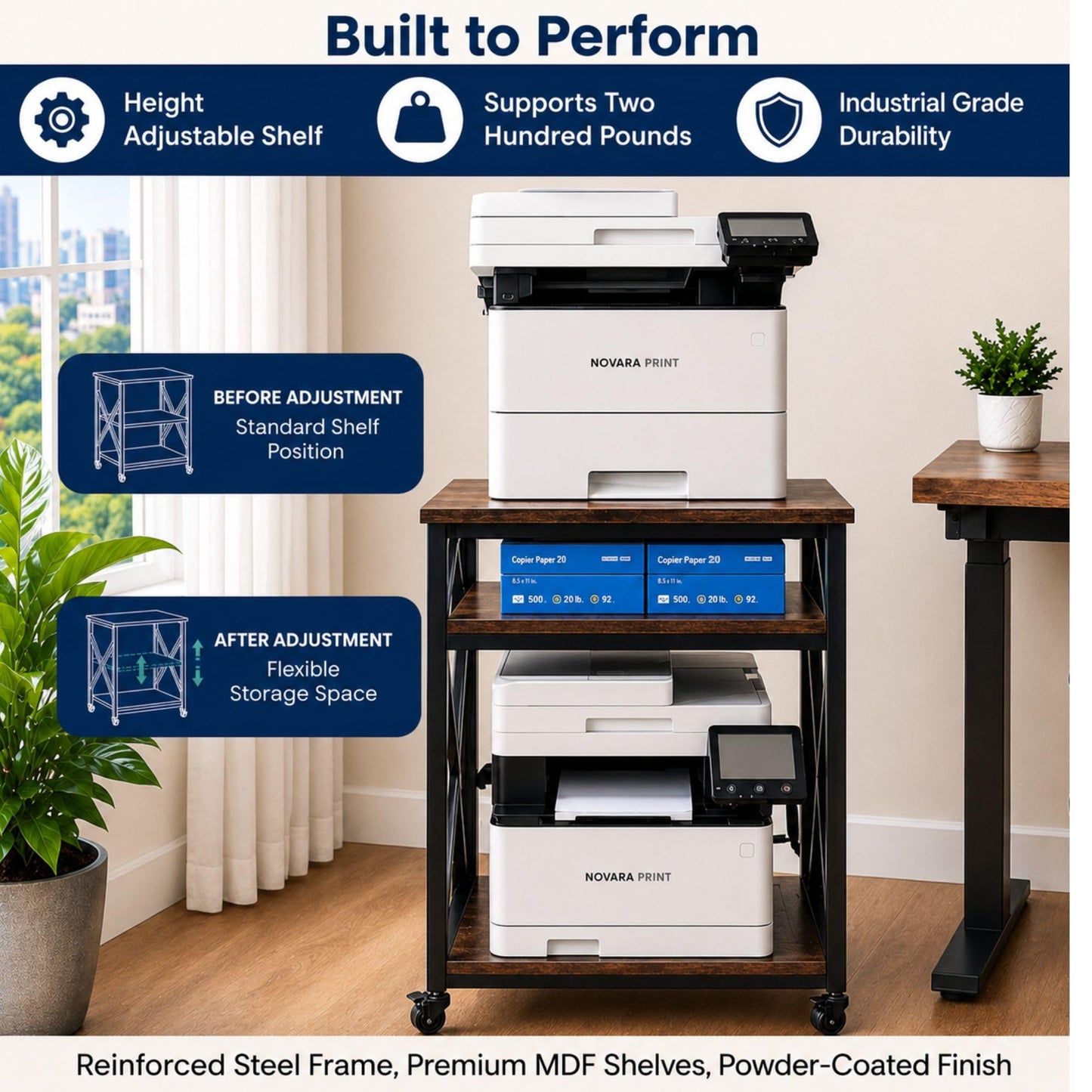 LuxConde Printer Station & Non-Slip Protective Desk Mat, 23.6 x 23.6 x 30.3 in, Adjustable Storage Shelf, Mueble para Impresora, Office Printer Table for Large Printers, Home Office Organization