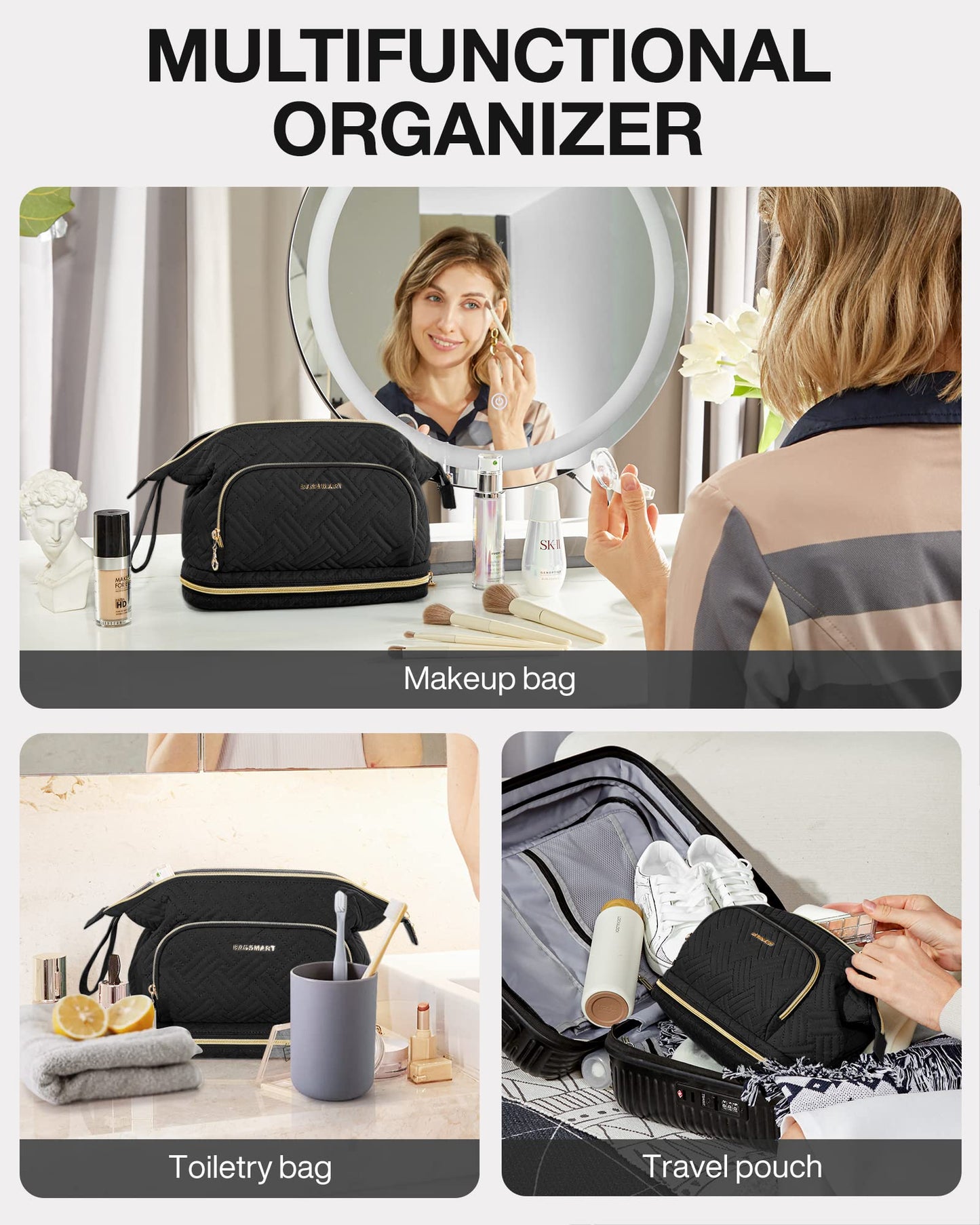 BAGSMART Travel Makeup Bag, Cosmetic Bag Make Up Organizer Case, Large Wide-open Pouch for Women Double Layers Purse for Toiletries Accessories Brushes Black