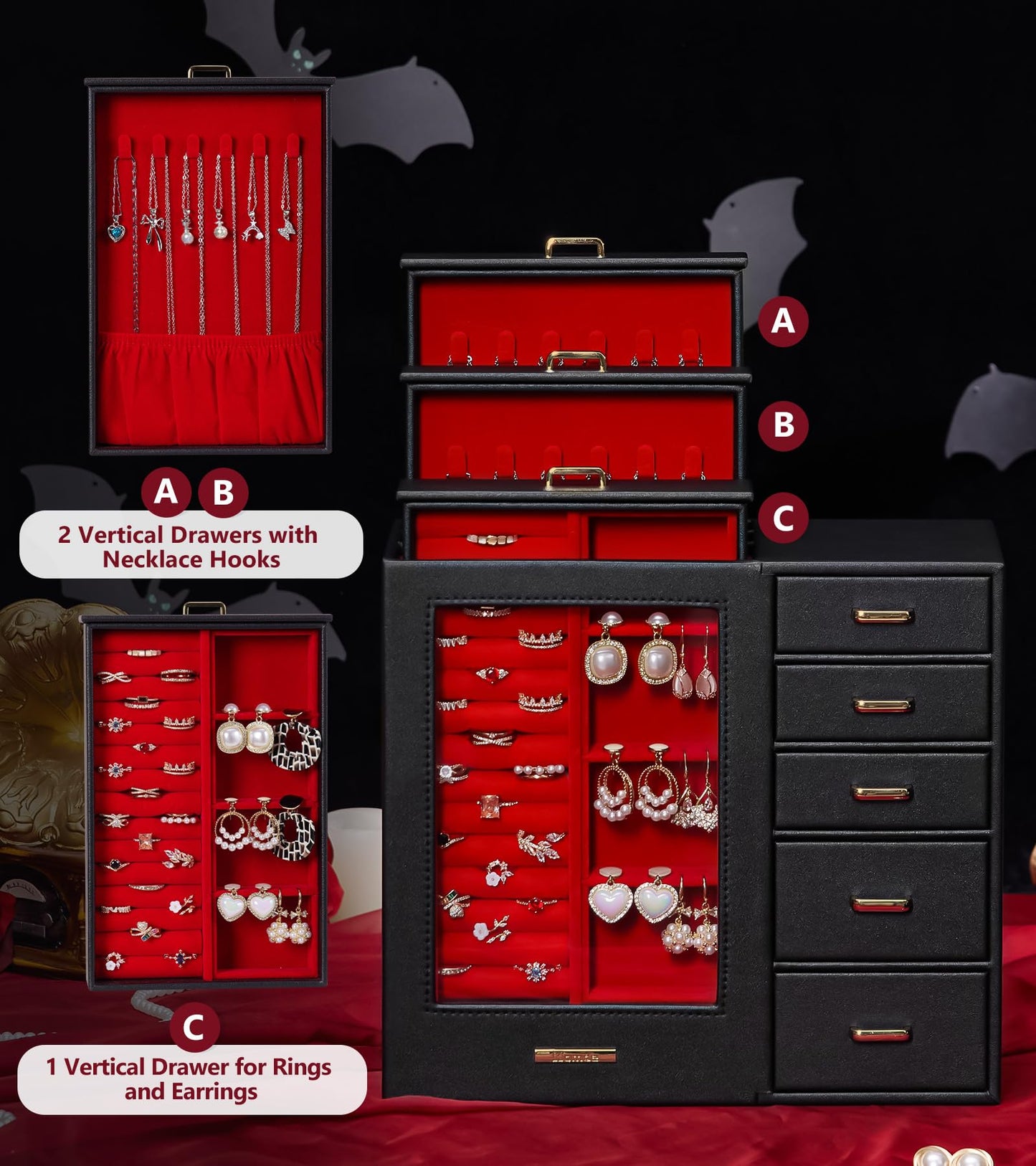 Homde Jewelry Organizer large for Dresser: Big Jewelry Box for Women - Holder with Drawers - Elegent Necklace Earring Ring Display Modern Gift (Black + Red+ Gold)