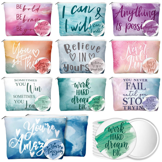 Vercraft 40 Pcs Employee Appreciation Gift for Women Inspirational Canvas Makeup Bag Portable Compact Mirror Bulk Cosmetic Bag Thank You Party Favors for Women Coworker Nurse (Motivation,Pastel)