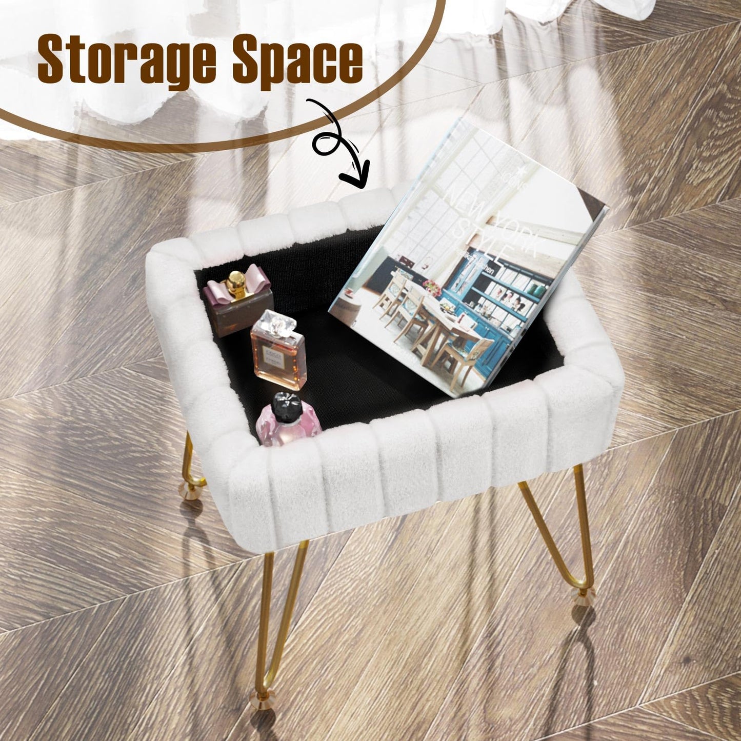 Greenstell Vanity Stool Chair Faux Fur with Storage, 15.7"L x 11.8"W x 19.4"H Soft Ottoman 4 Metal Legs with Anti-Slip Feet, Furry Padded Seat, Modern Multifunctional Chairs for Makeup, Bedroom White