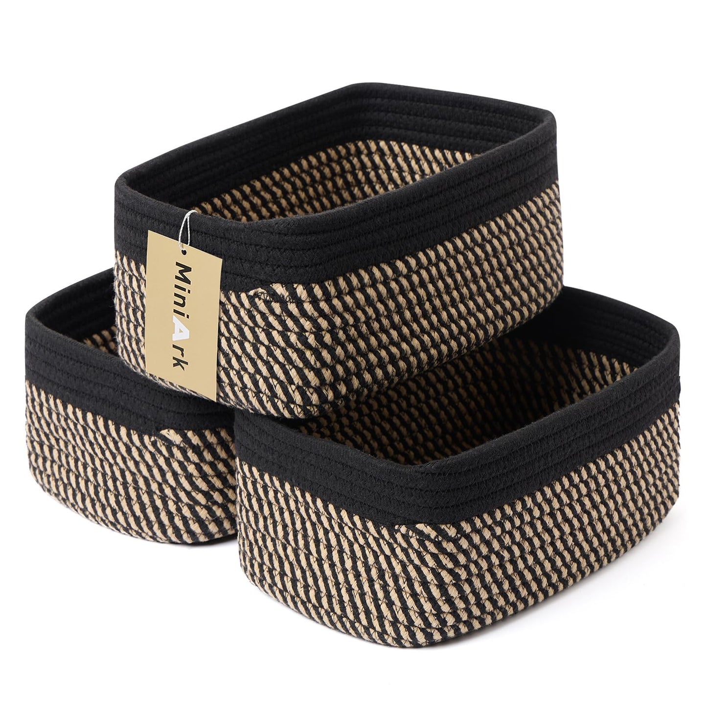 MiniArk Small Storage Baskets for Organizing | Closet Organizer Bins | Shelf Toy Basket | Woven Rope Baskets | Cube Decorative Box | Shallow Basket | 11.5x7.5x4.7” | 3 Packs Black Brown