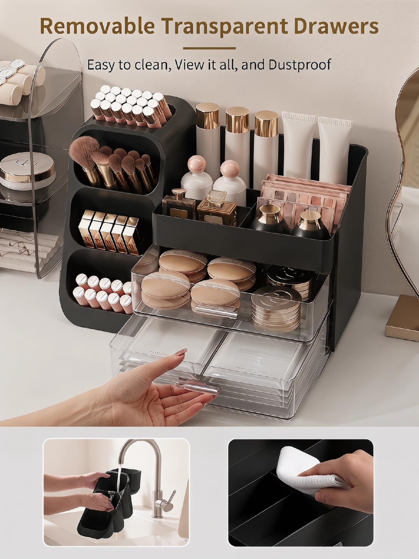 Booklov Makeup Organizer for Vanity, Large Capacity Cosmetic Display Case with Drawers, Countertop Beauty Storage Holder for Skincare, Brush Eyeliner Perfume Eyeshadow Lipsticks, Counter Desk, Black