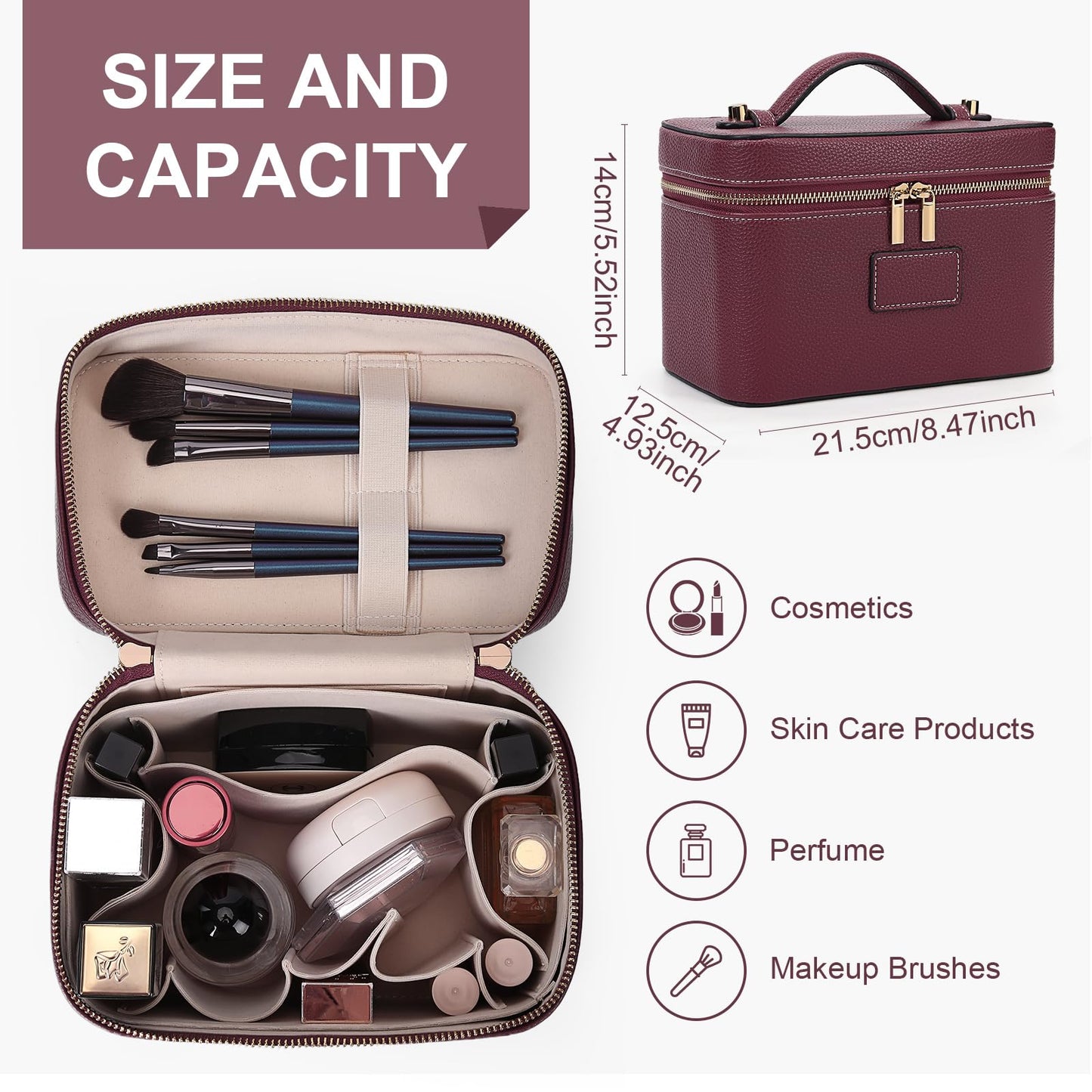 HiTotes Makeup Bag Vanity Case for Women Leather Cosmetic Bag Travel Toiletry Bags Portable Makeup Organizer Case
