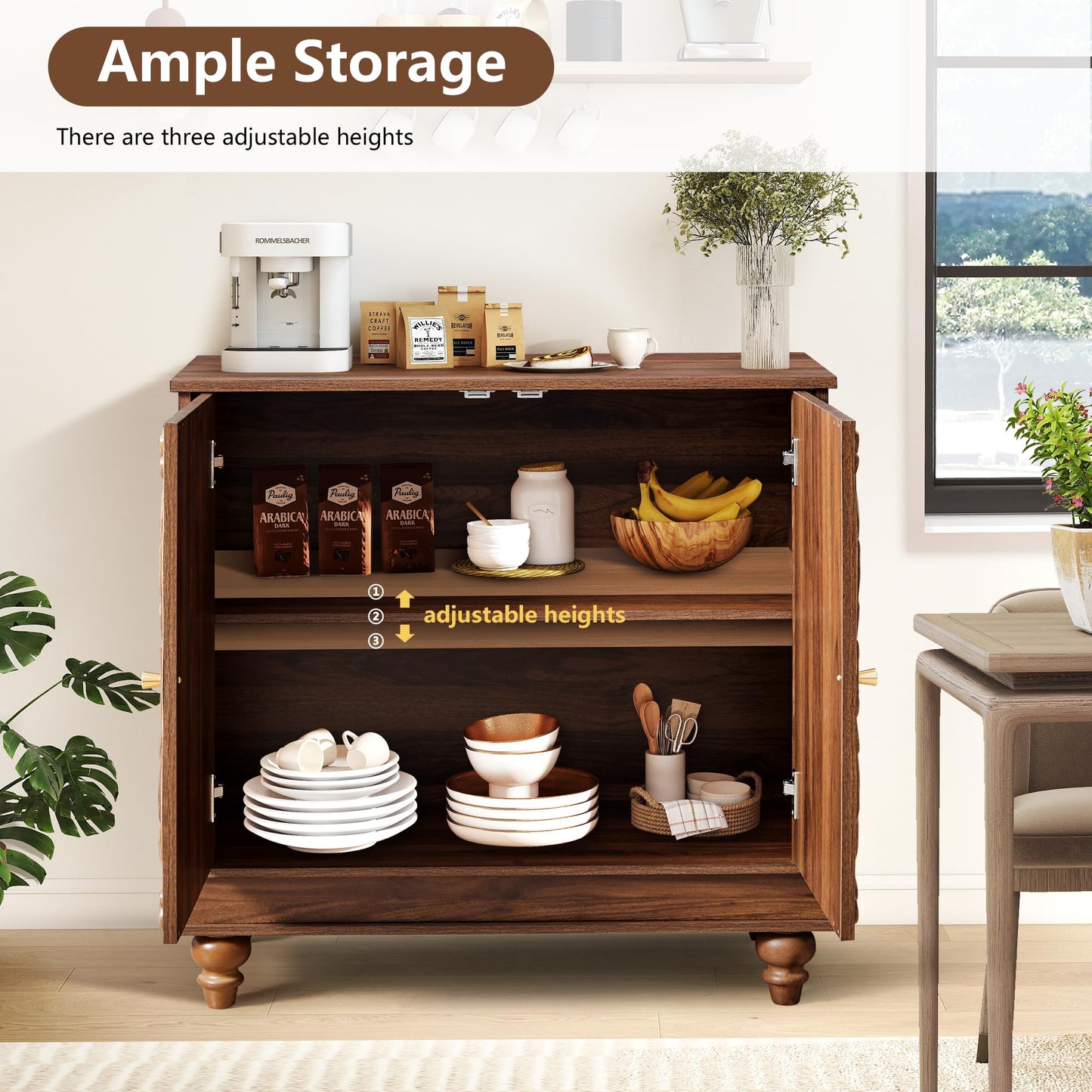 weselon Accent Cabinet Set of 2, Farmhouse Carved Storage Sideboard Buffet Cabinet with Adjustable Shelves, Entryway Storage Cabinet with 2 Doors (Walnut)